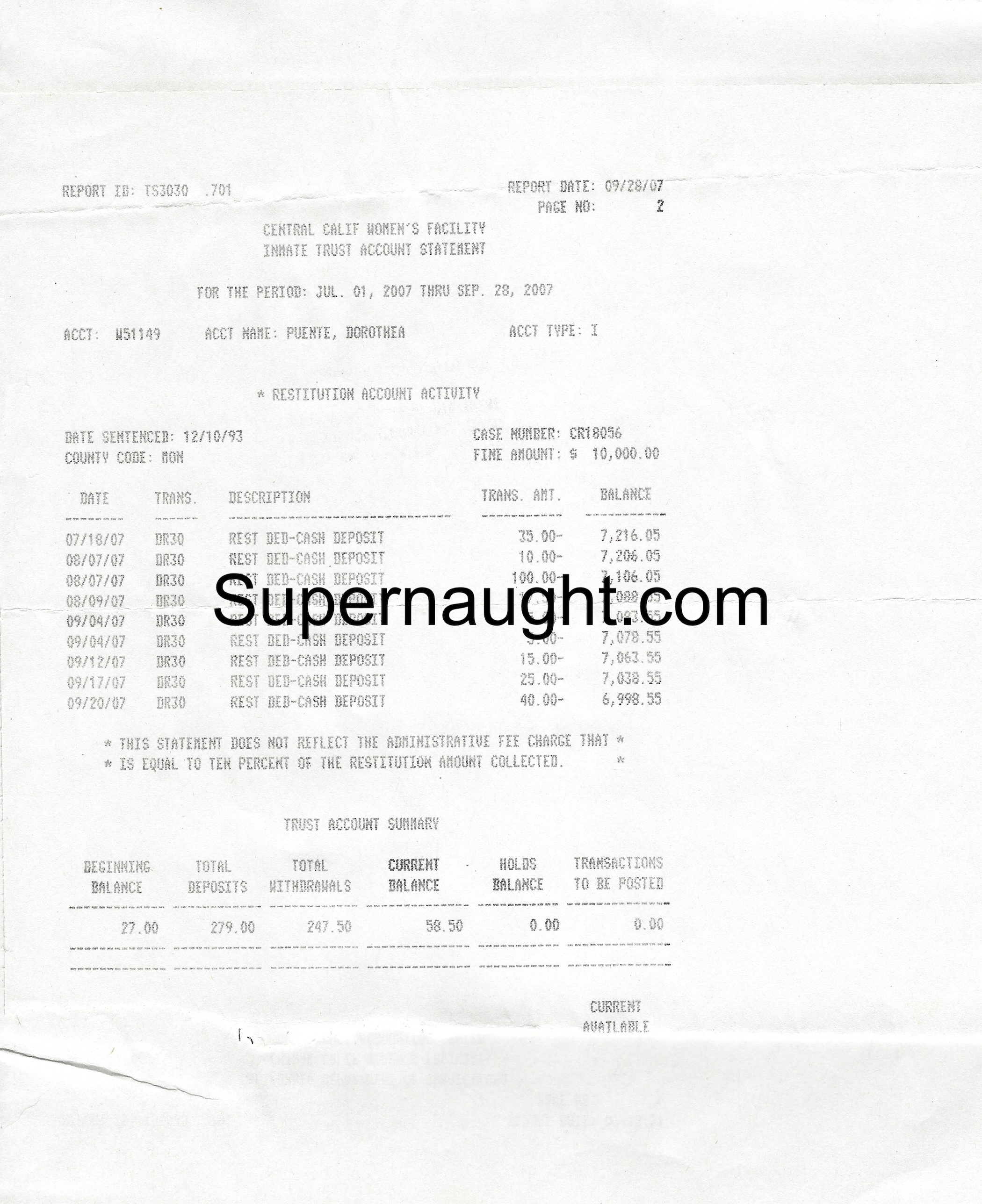 Dorothea Puente 2007 Trust Account Restitution Statement image 2
