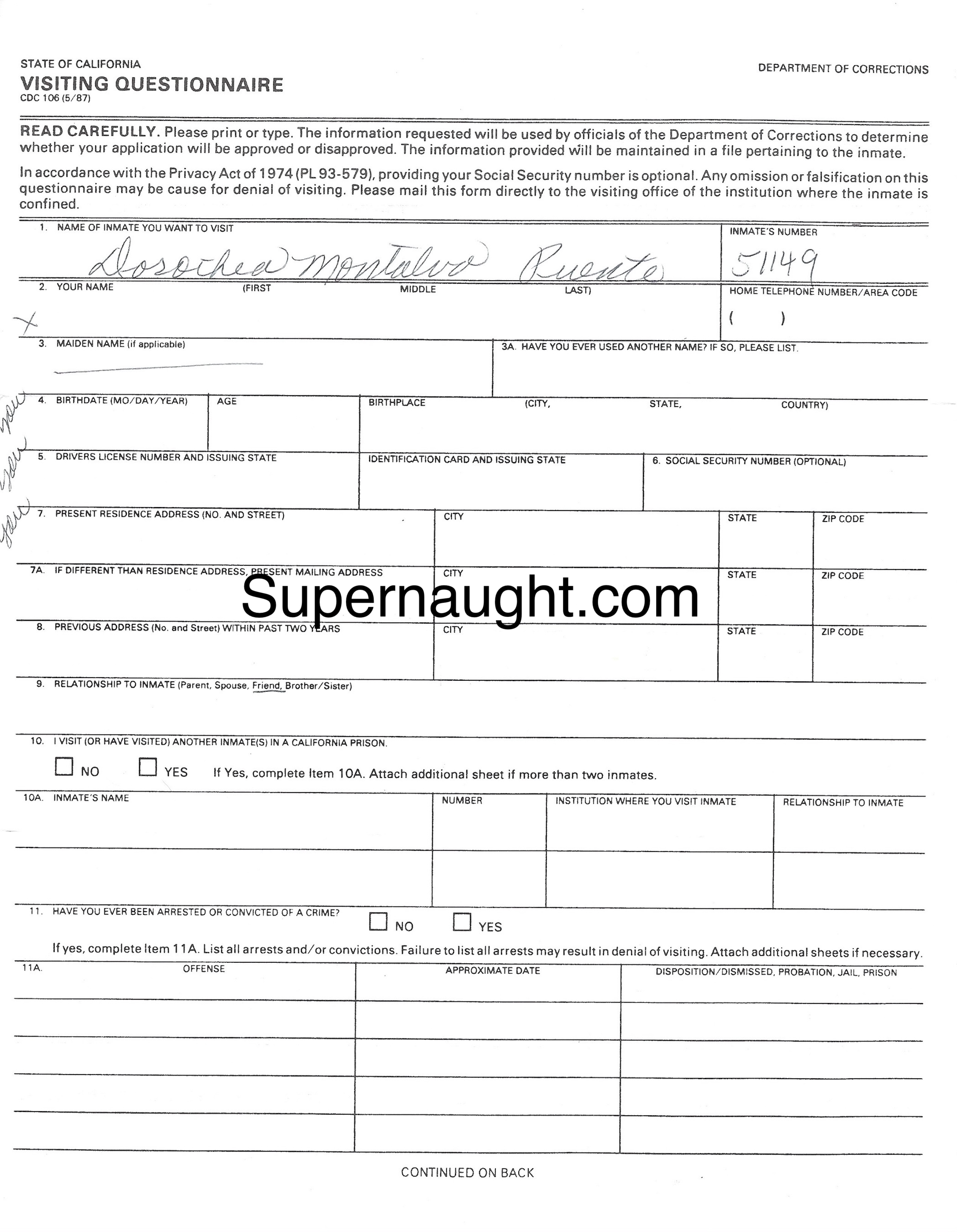 Dorothea Puente Signed Visiting Application