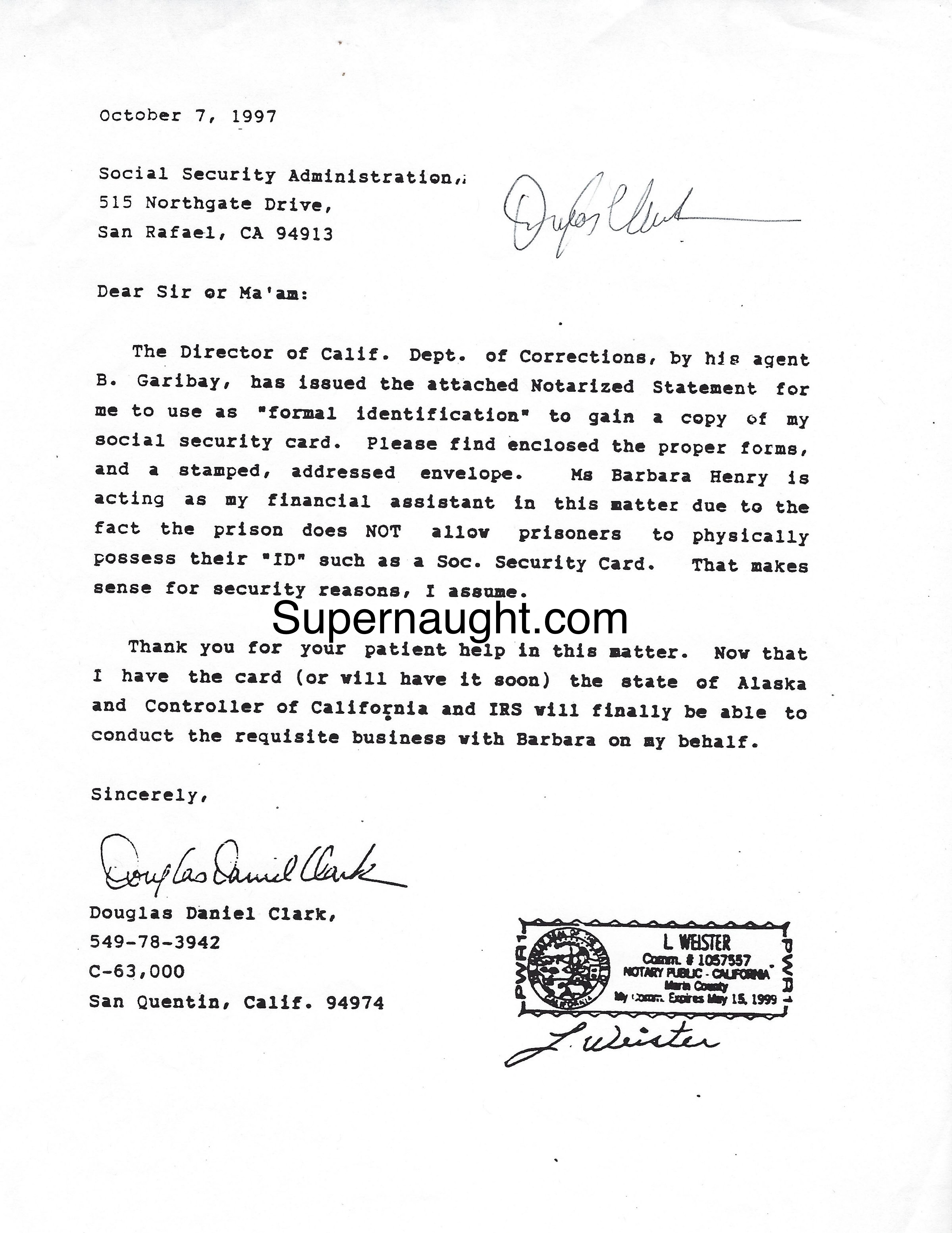 Douglas Clark Notarized Letter To Social Security Signed