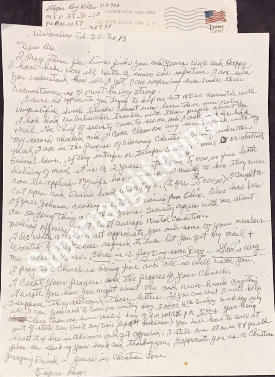 Edgar Ray Killen One Page Letter and Envelope Set Both Signed