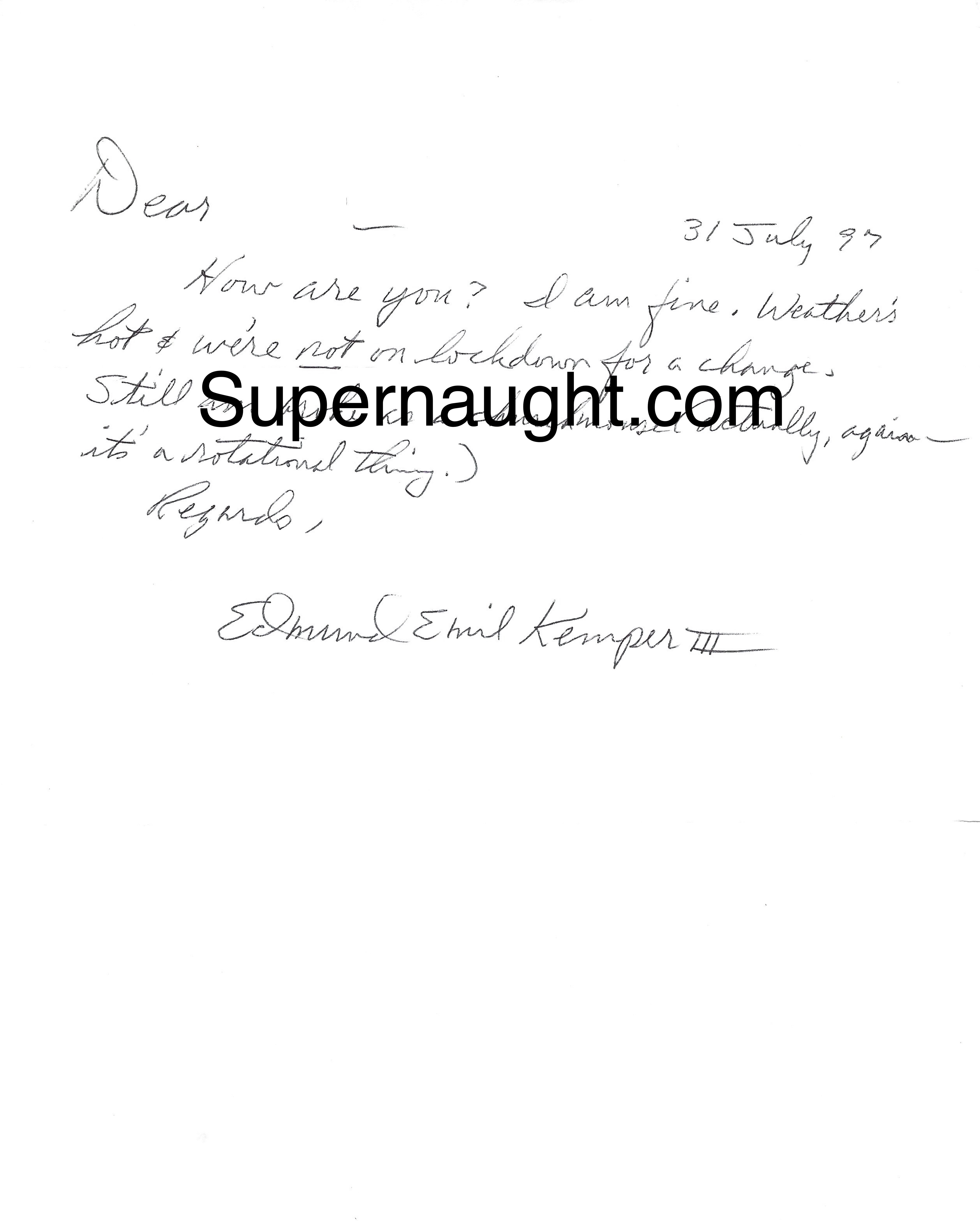 Edmund Kemper Handwritten Note Signed in Full