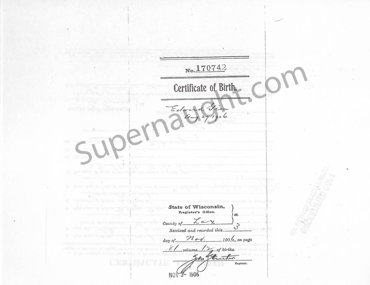 Edward Gein Birth and Death Certificates Copies