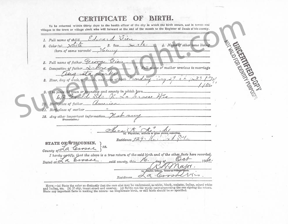 Edward Gein Birth and Death Certificates Copies image 2