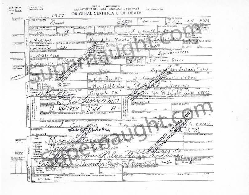 Edward Gein Birth and Death Certificates Copies image 3