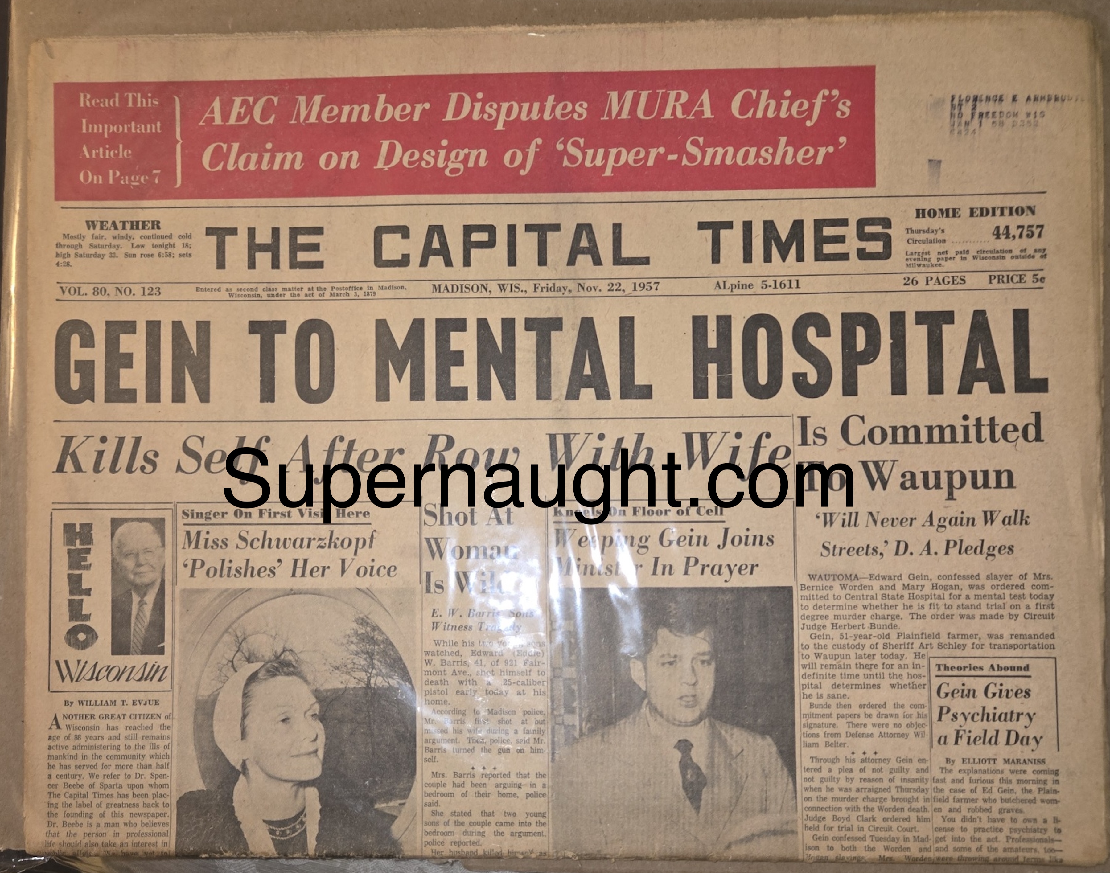 Edward Gein Capital Times Newspaper Gein to Mental Hospital Nov 22 1957