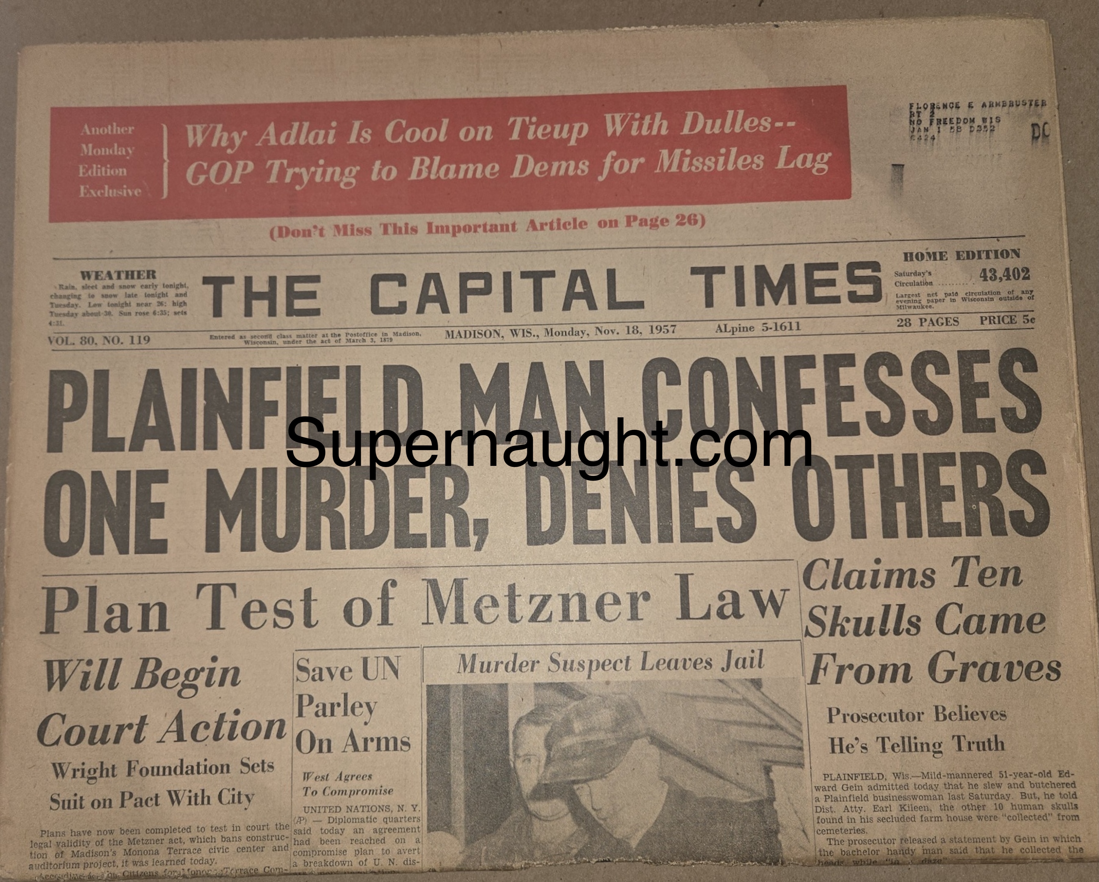 Edward Gein Capital Times Plainfield WI Newspaper Man Confesses November 18 1957
