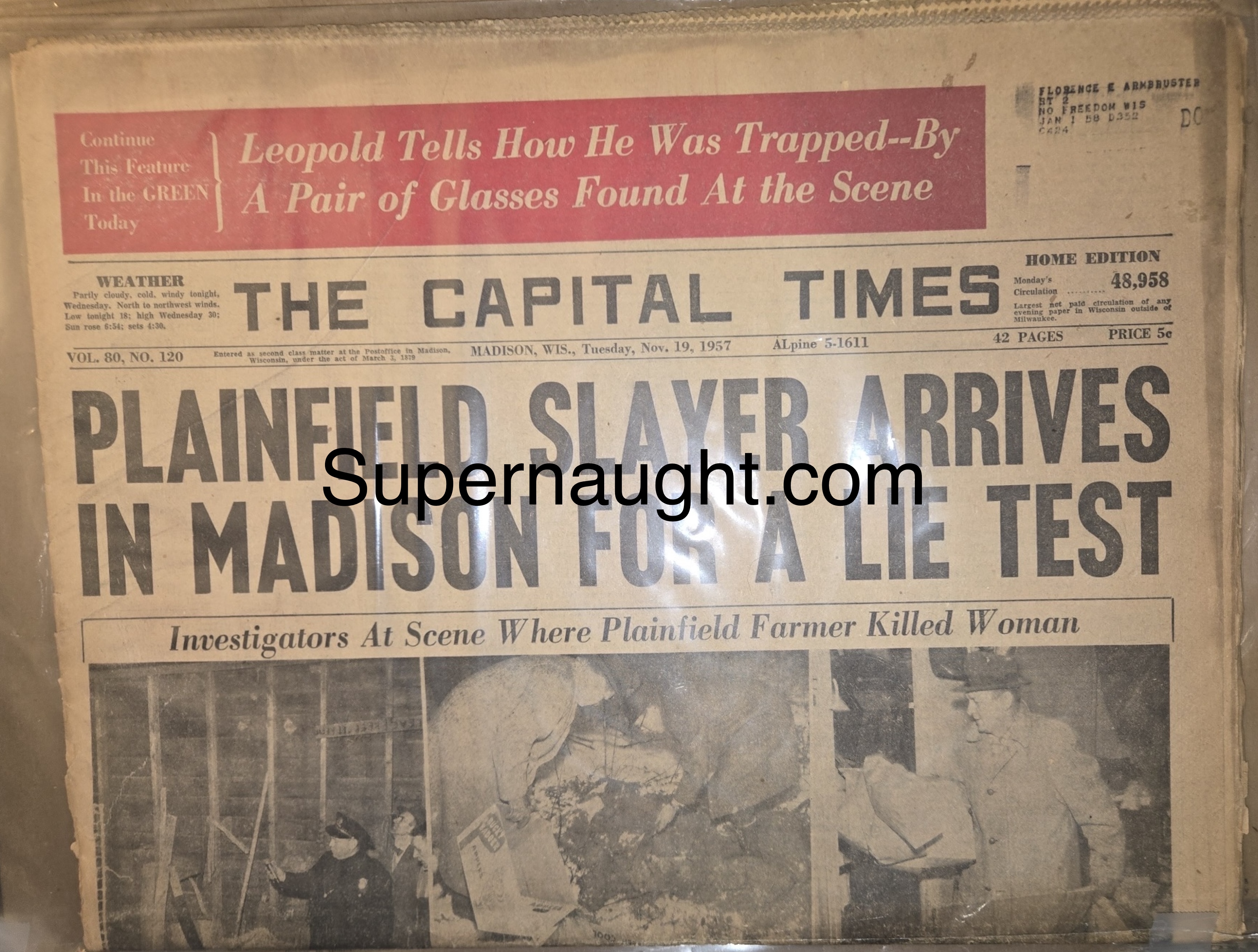 Edward Gein Capital Times Plainfield WI Newspaper Plainfield Slayer November