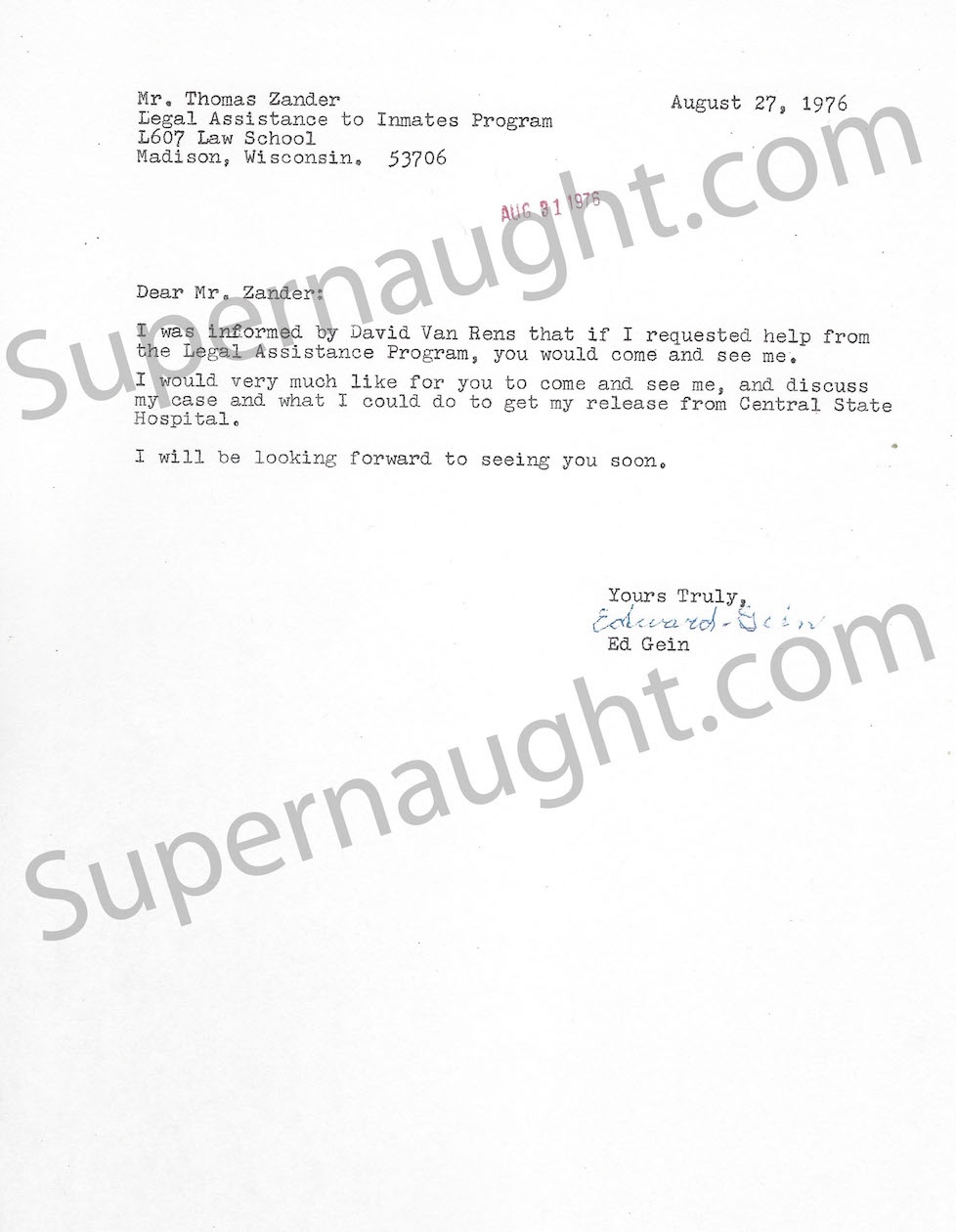 Edward Gein Letter Requesting Legal Assistance