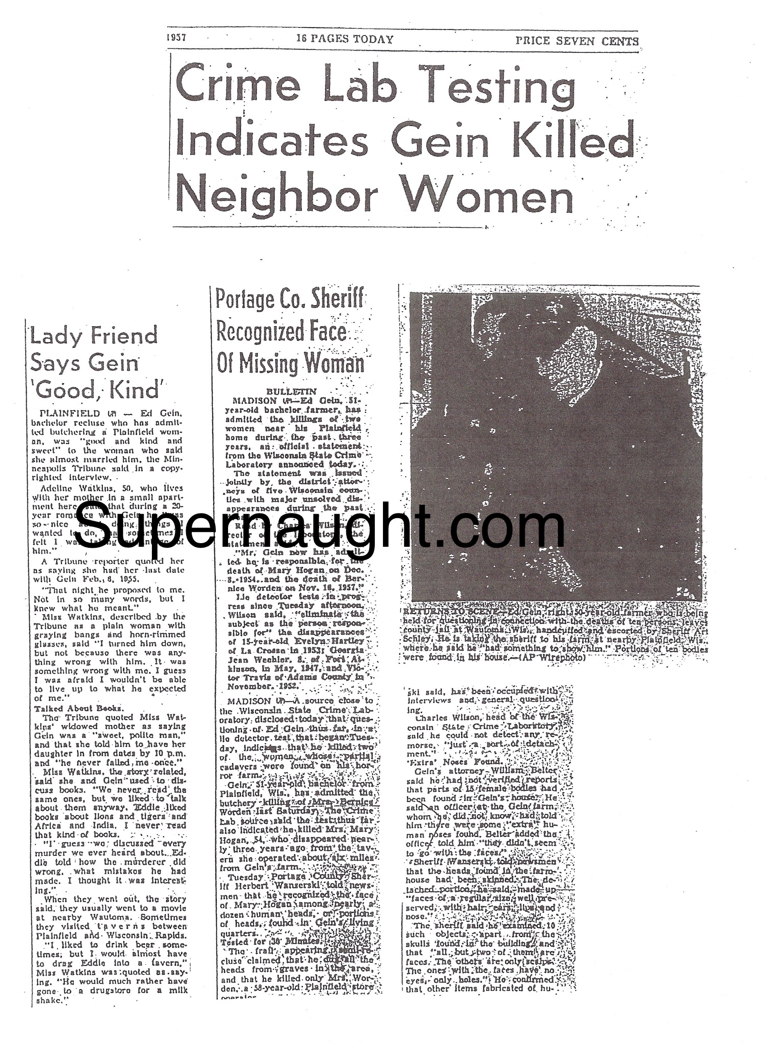 Edward Gein Psychological Report Newspaper Articles and Bernice Worden Death