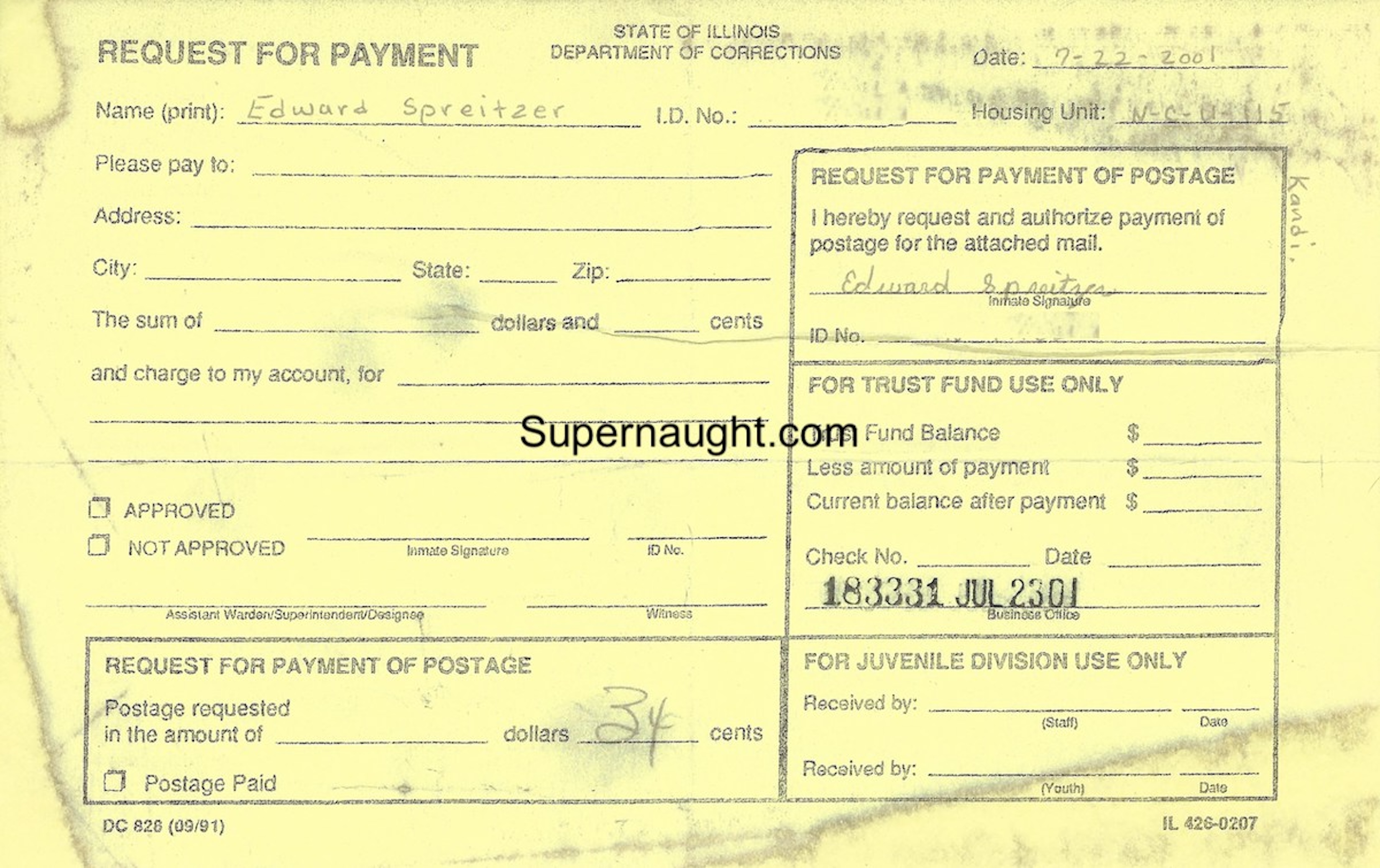 Edward Spreitzer Request for Payment Inmate Copy