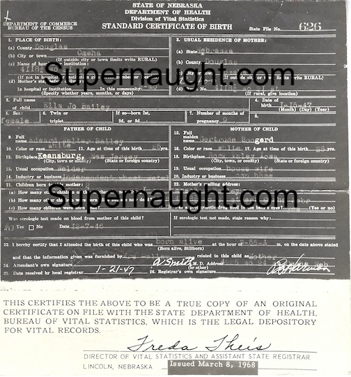 Ella Jo Bailey Certified Birth Certificate 1968
