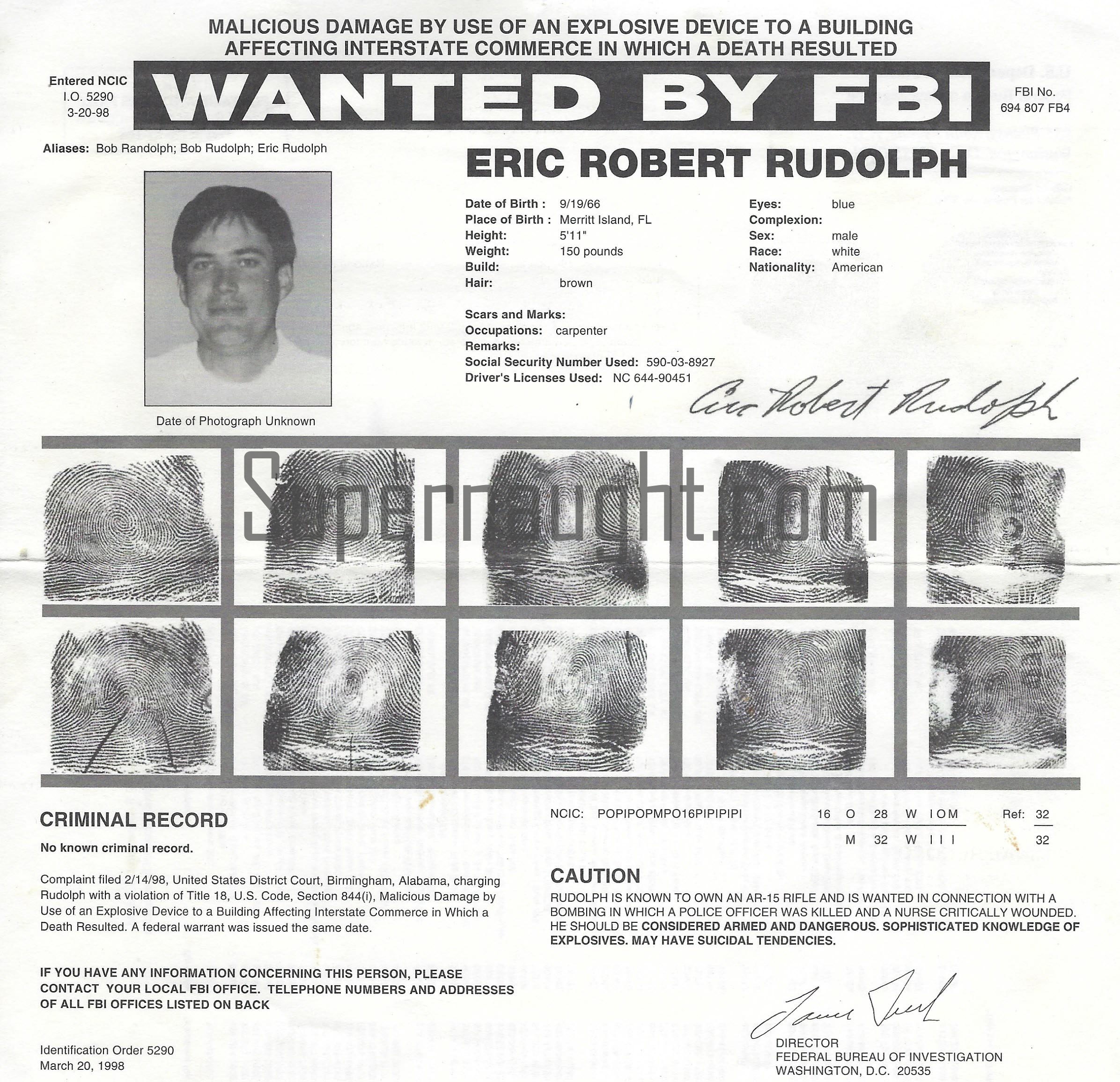 Eric Rudolph Original FBI Wanted Poster