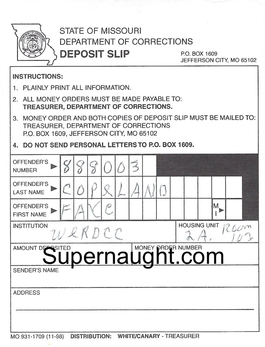 Faye Copeland Signed Inmate Deposit Form