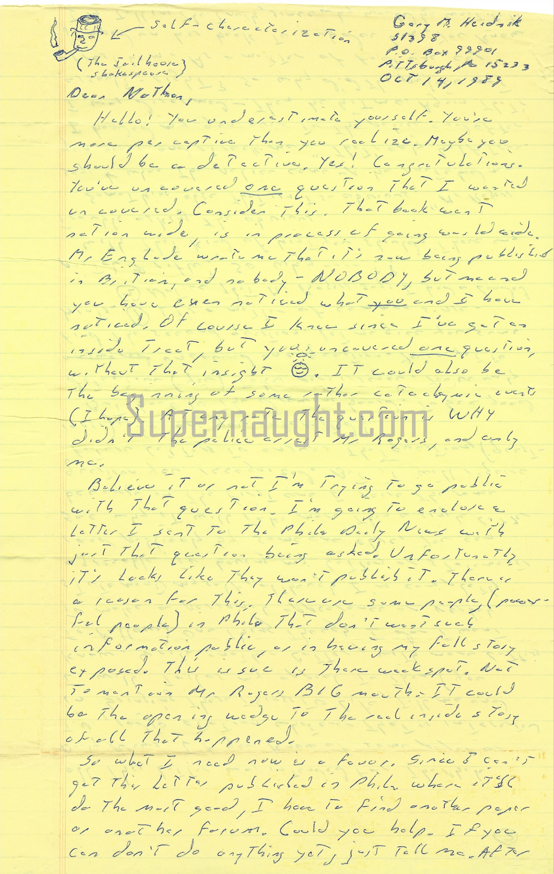 Gary Heidnik Signed Four Page Letter with Drawing Self Portrait