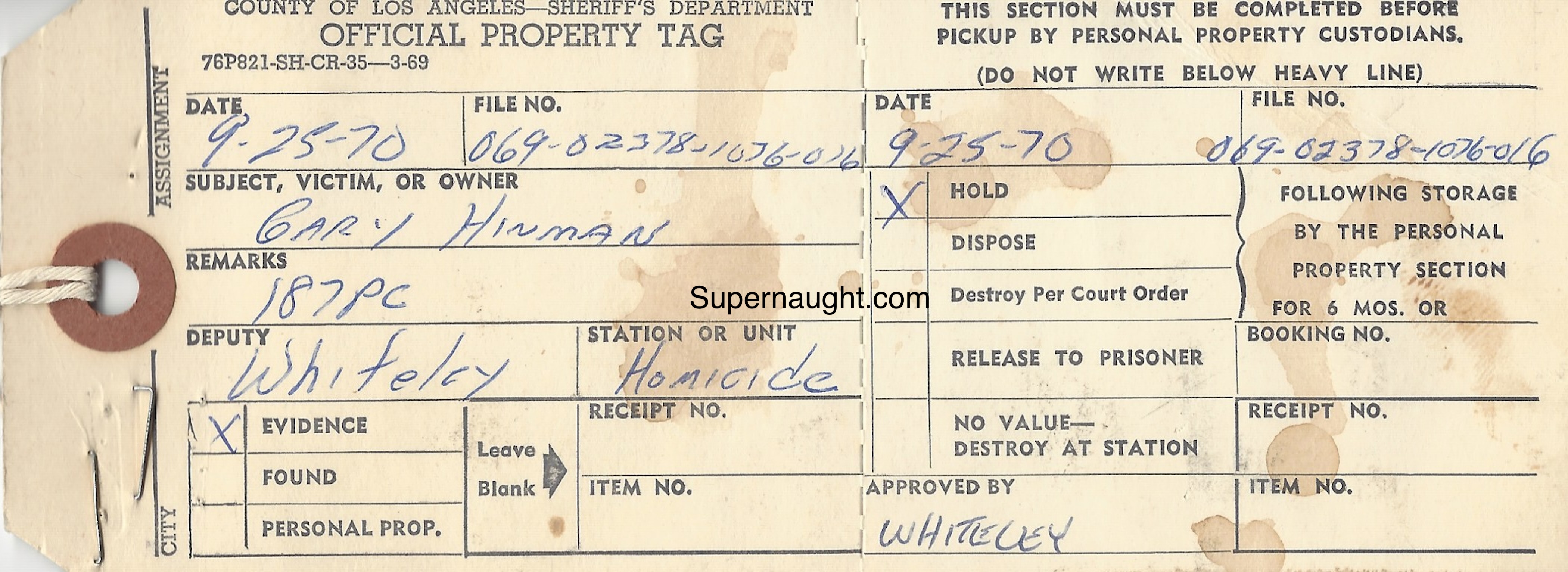 Gary Hinman Sept 25 1970 Evidence Property Tag
