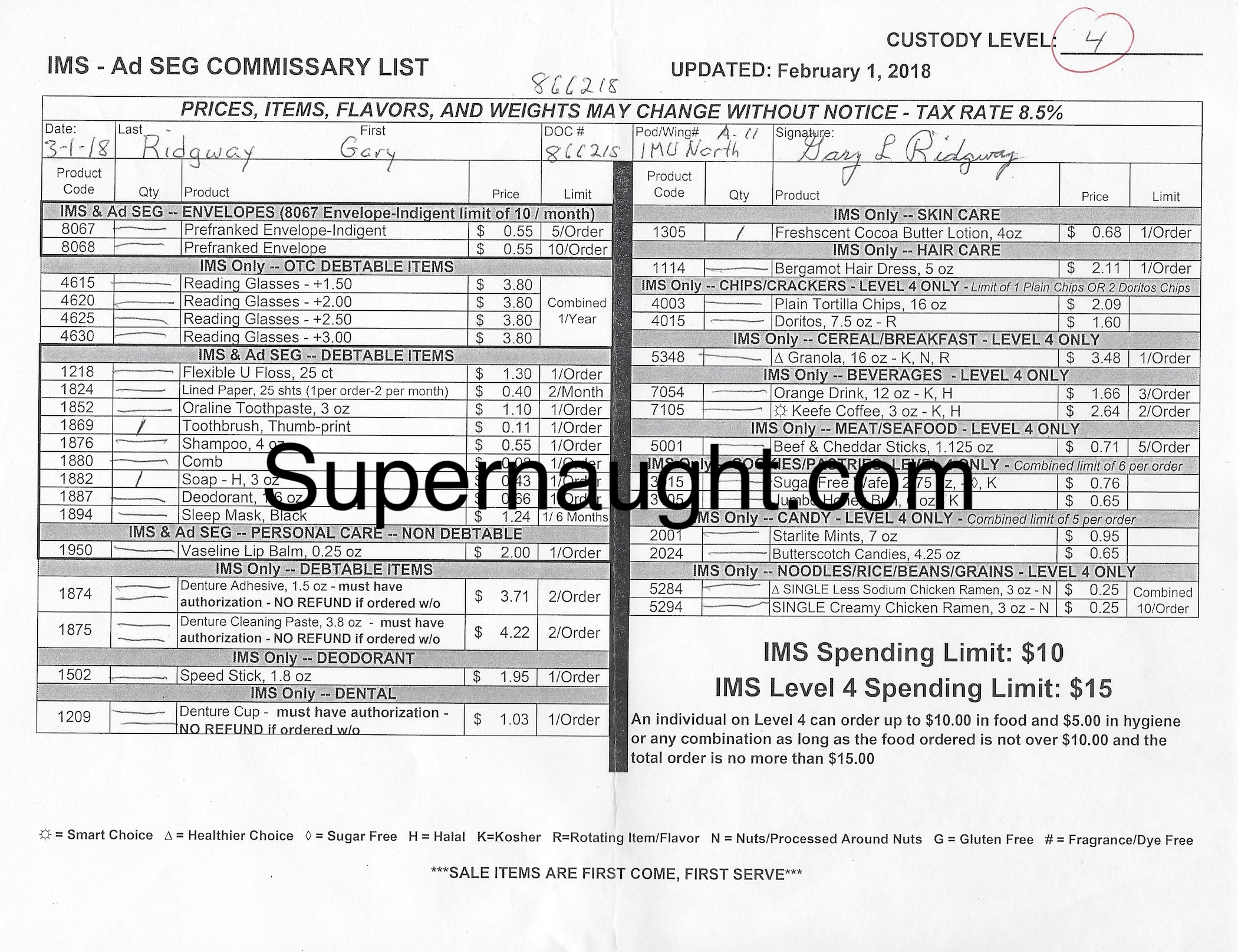 Gary Ridgway Commissary Signed Twice