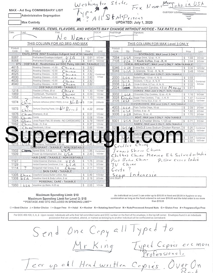 Gary Ridgway Commissary With His Writing on Both Sides
