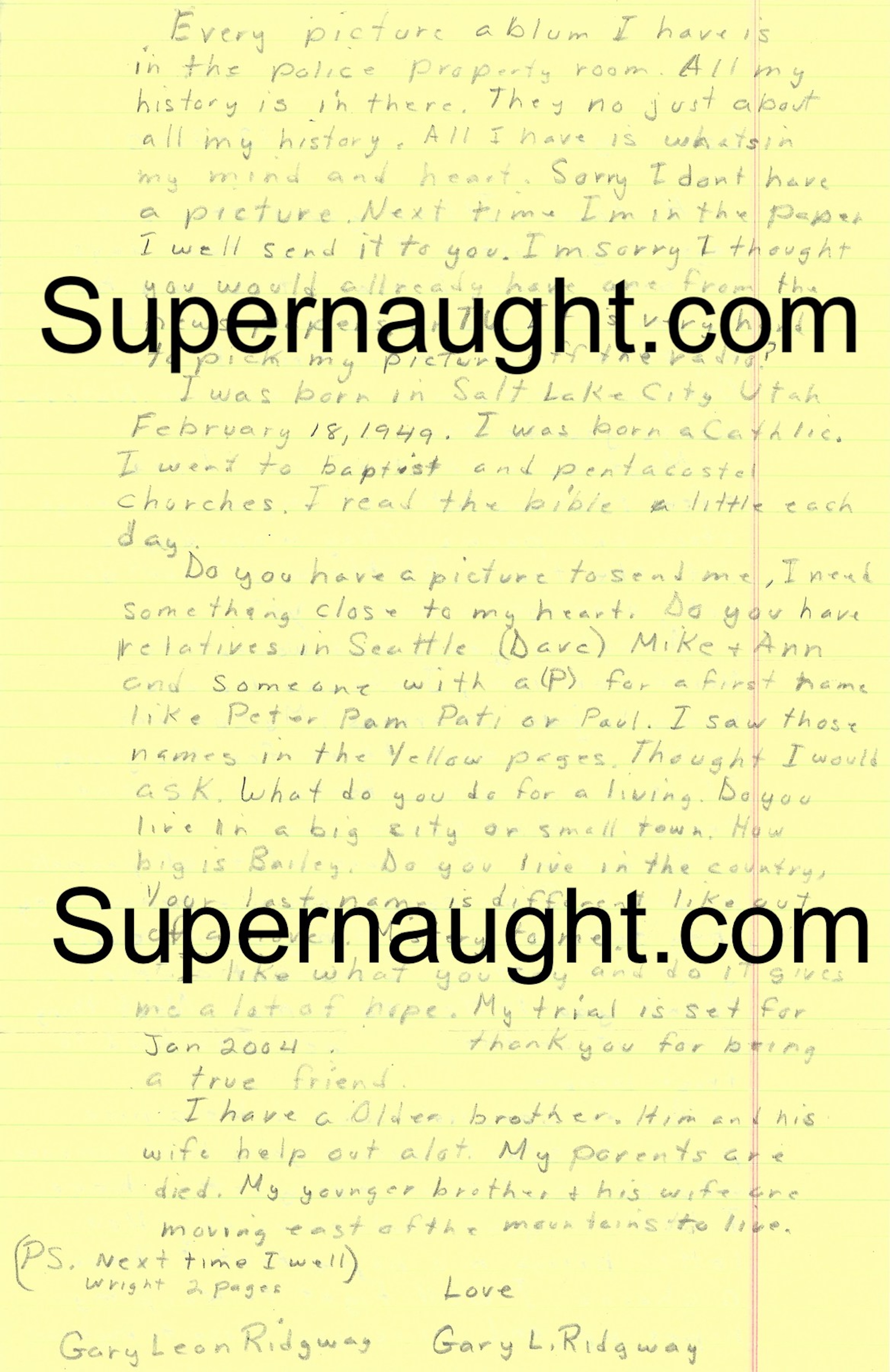 Gary Ridgway Signed Letter And Envelope Set