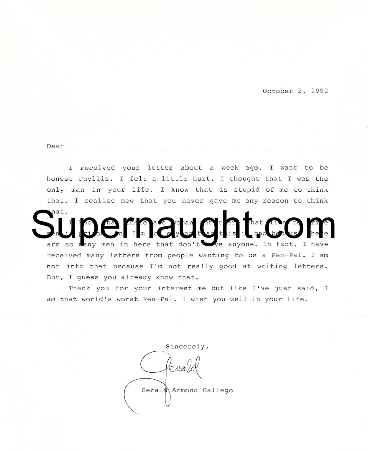Gerald Gallego Signed Letter with Envelope