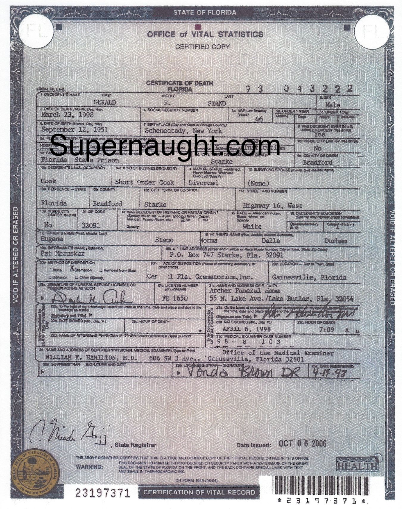Gerald Stano 1998 Death Certificate Replica