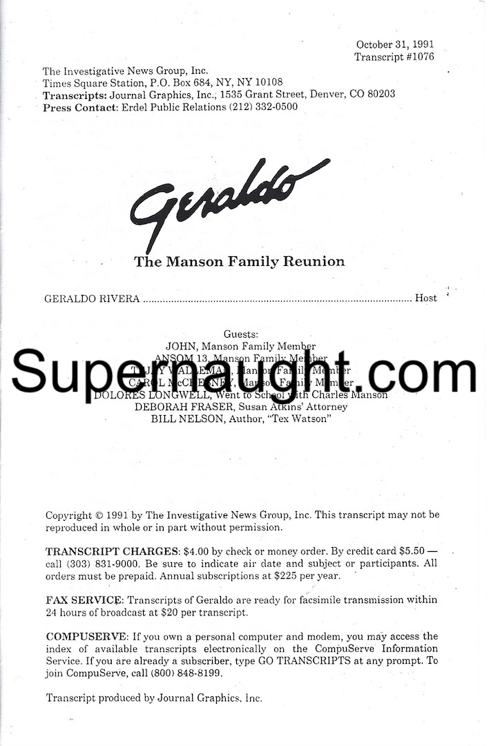 Charles Manson Geraldo Family Reunion Transcript Halloween 1991