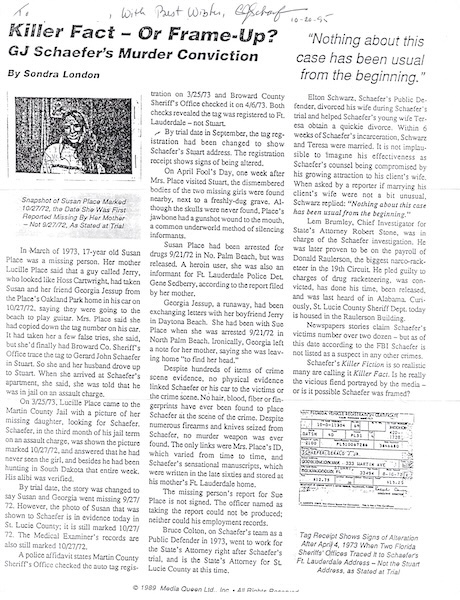 Gerard Schaefer Signed Article with Vehicle Registration