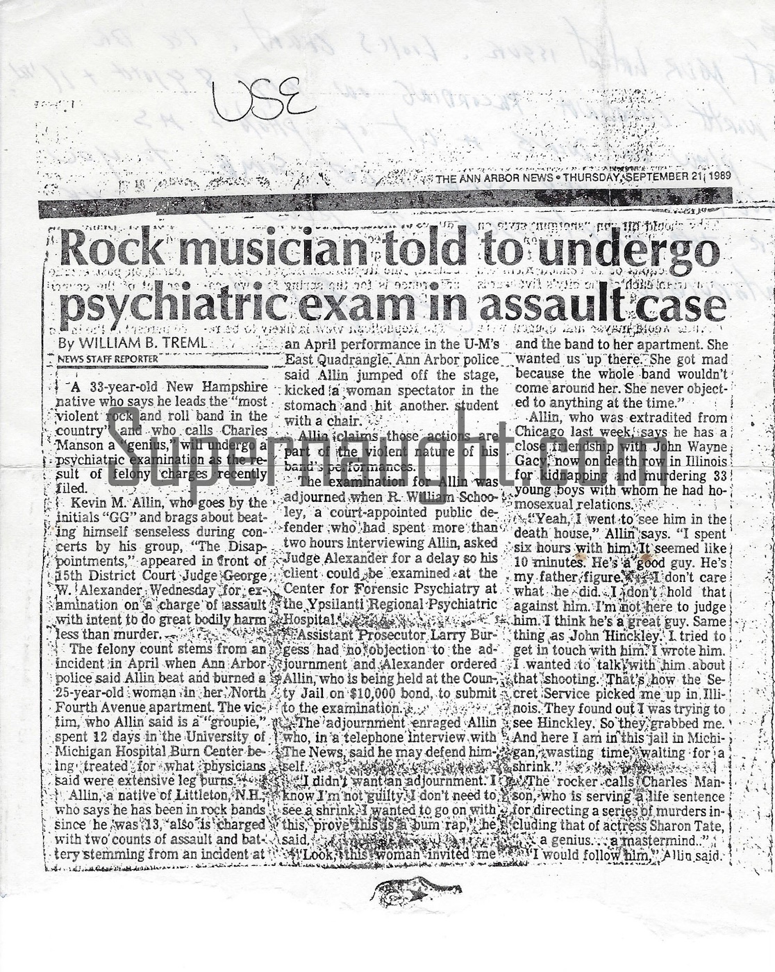 GG Allin Signed Letter On Psych Exam Article image 2
