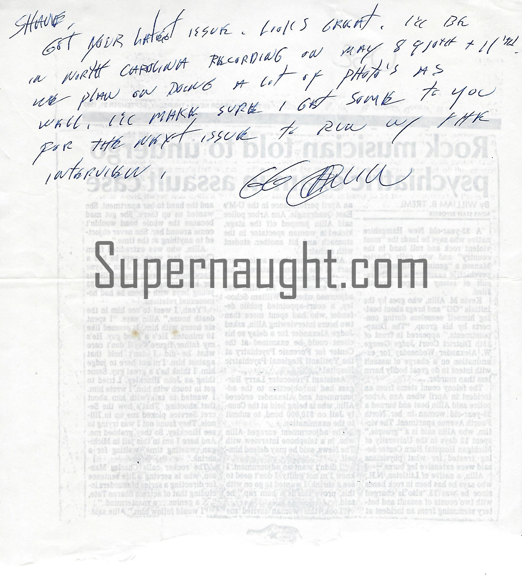 GG Allin Signed Letter On Psych Exam Article