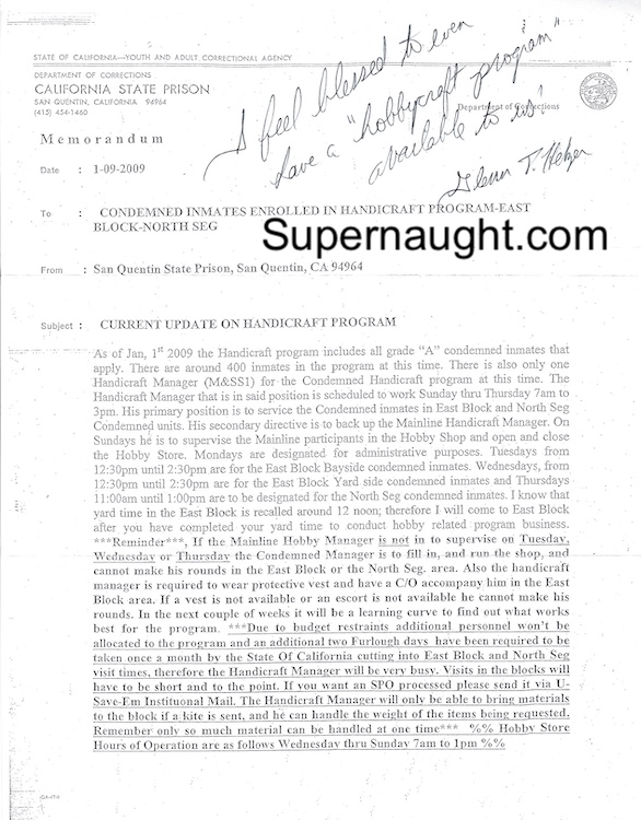 Glenn Helzer Signed San Quentin Hobby Memo