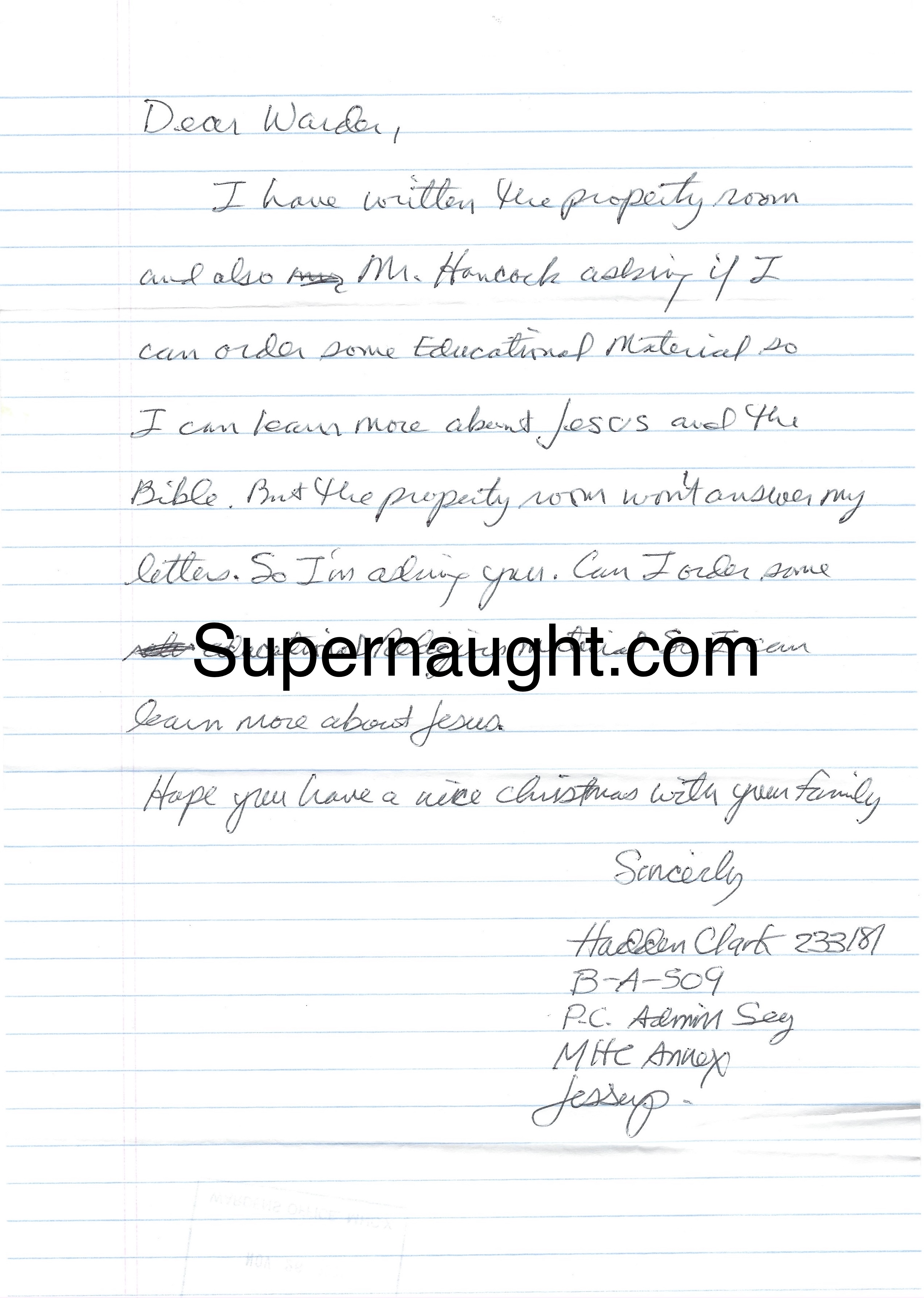 Hadden Clark Letter to Warden Signed