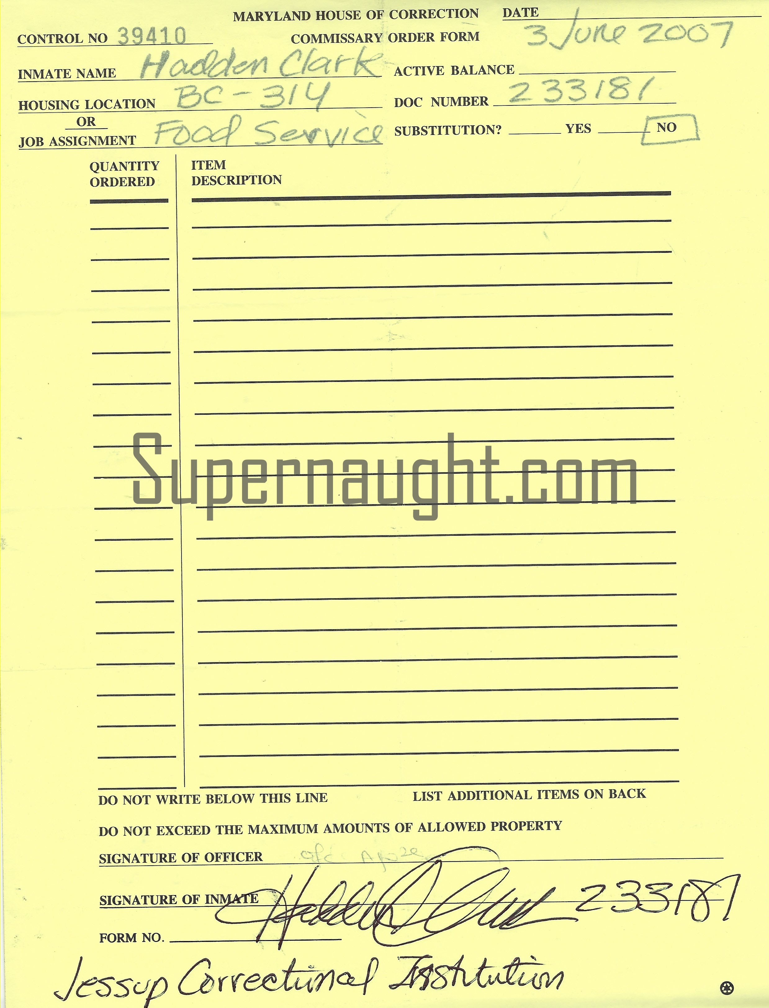 Hadden Clark Signed 2007 Commissary Order Form