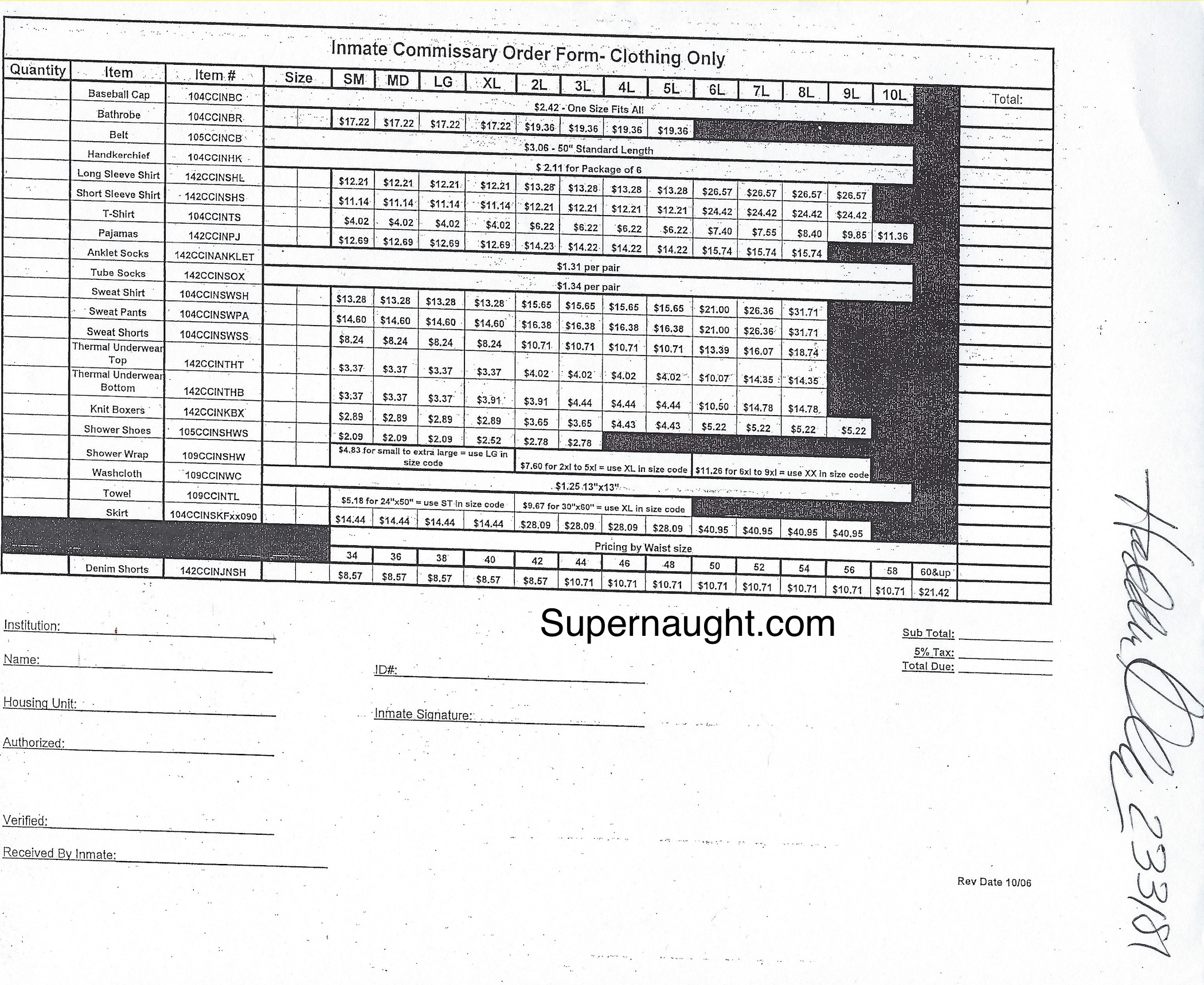 Hadden Clark Signed Inmate Commissary Clothing Order Form