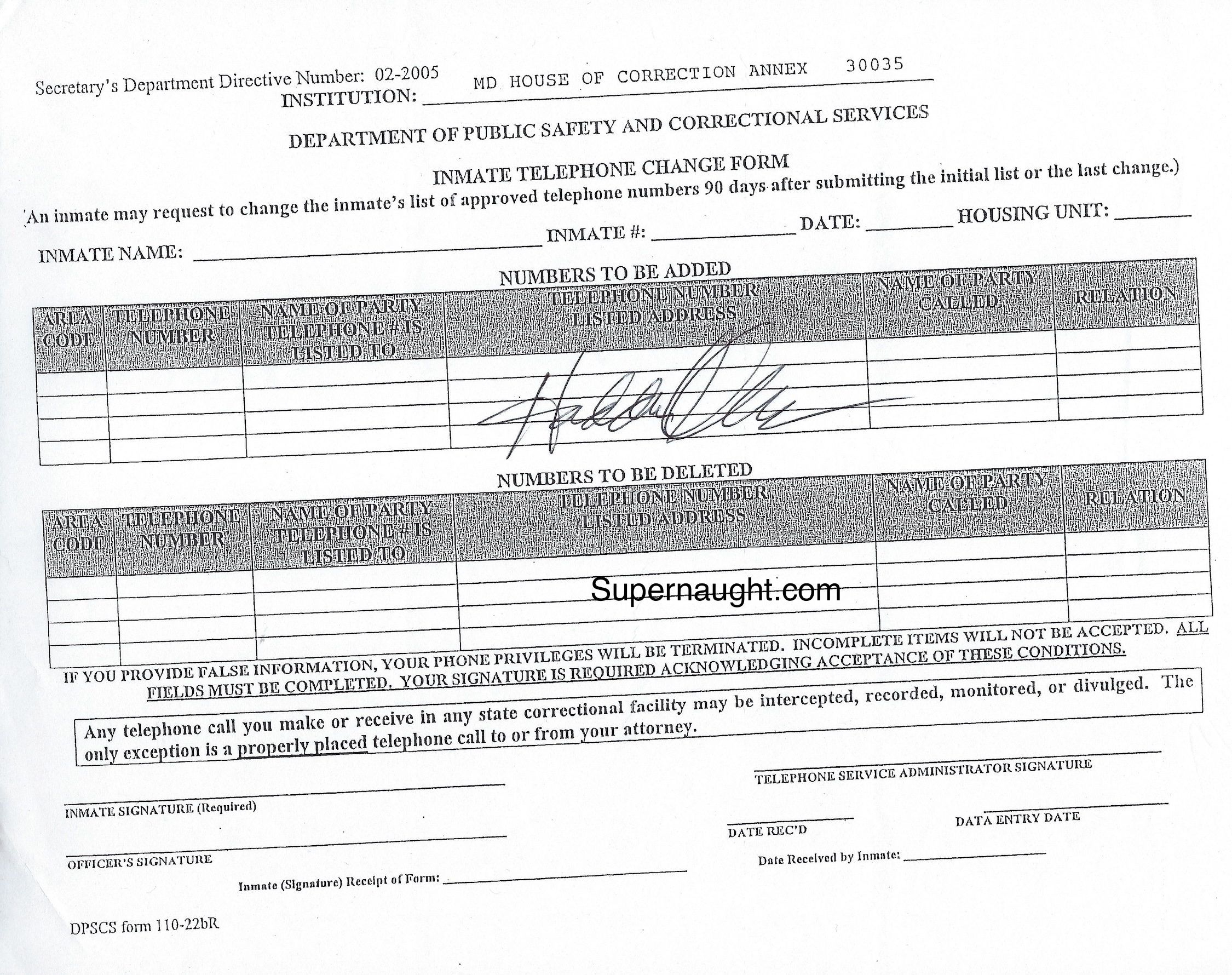 Hadden Clark Signed Inmate Telephone Charge Form
