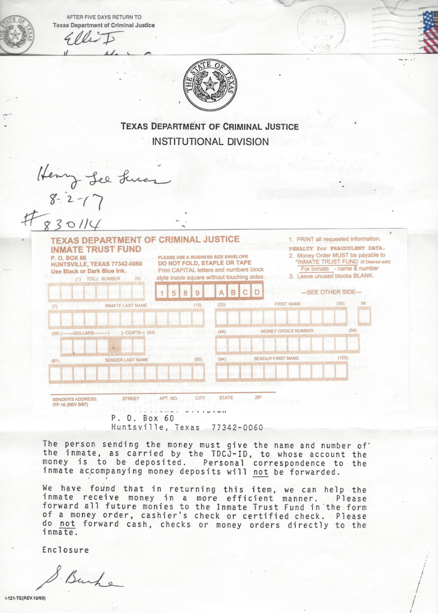 Henry Lee Lucas TDJC Letter And Trust Fund Slip With Envelope