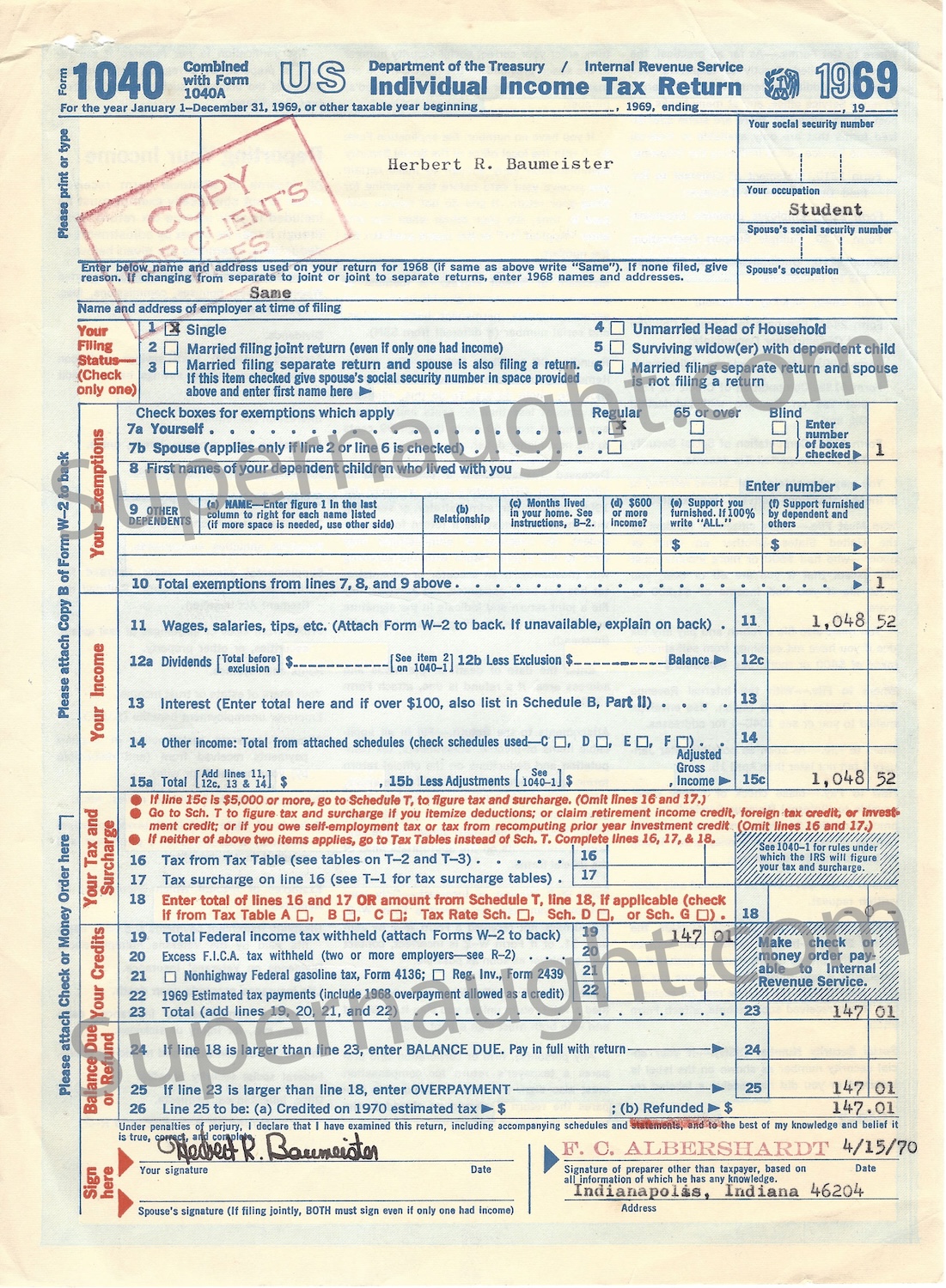 Herbert Baumeister 1040 Tax Return Signed
