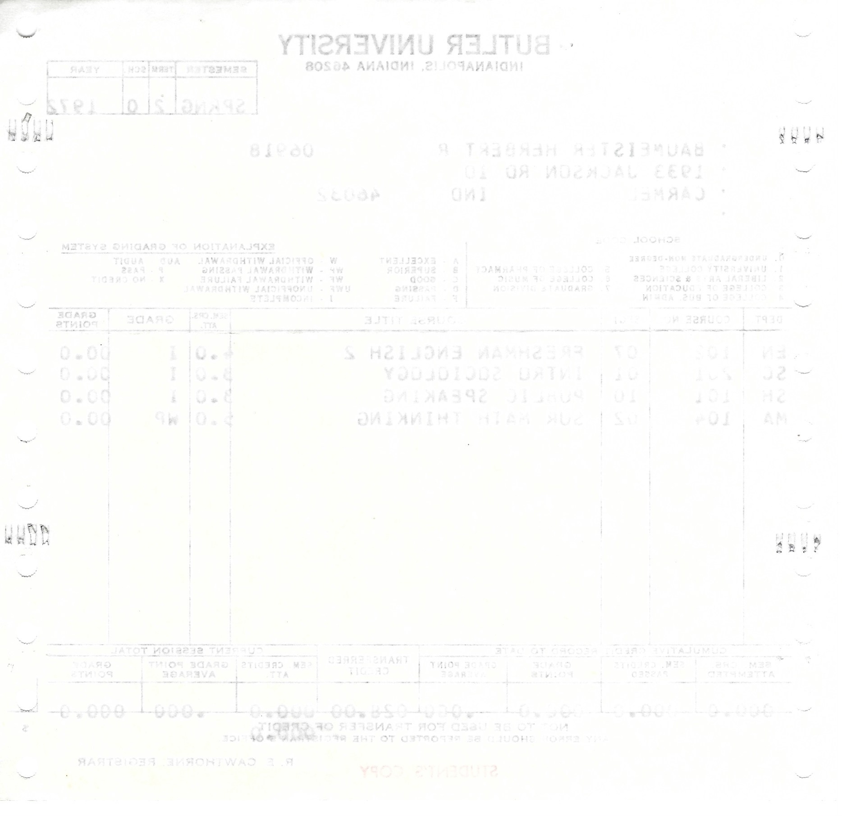 Herbert Baumeister 1972 Butler University Grades image 2