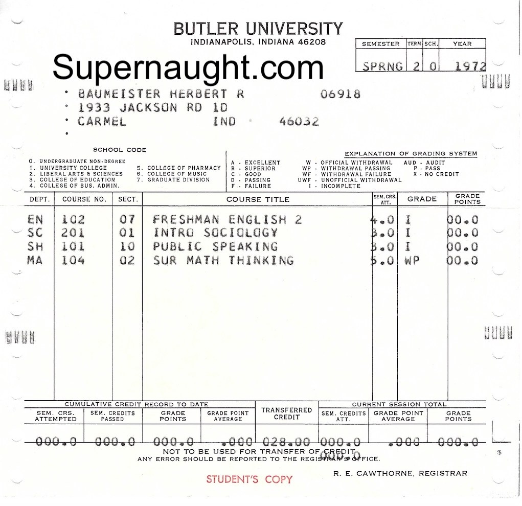 Herbert Baumeister 1972 Butler University Grades