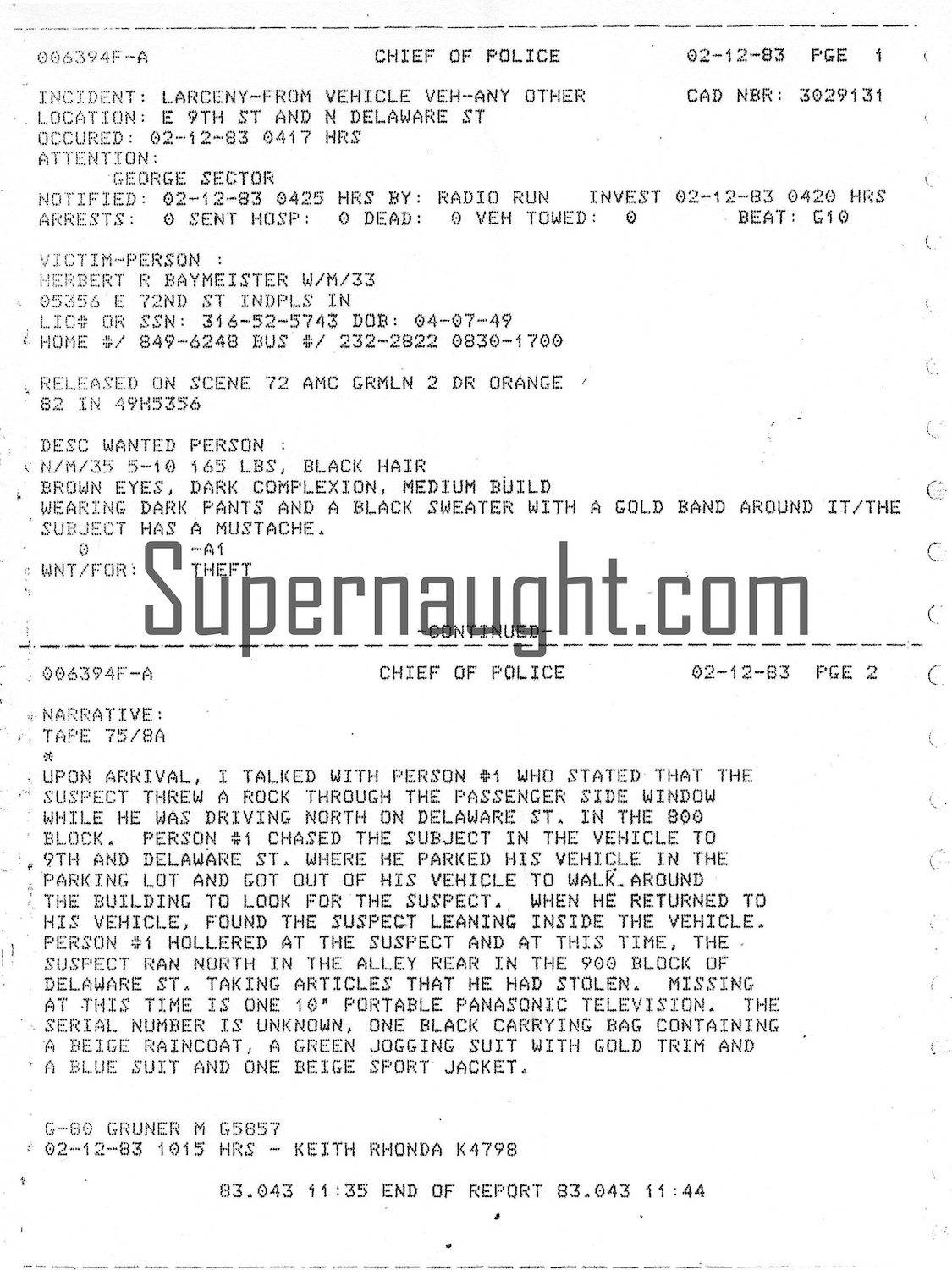 Herbert Baumeister 1983 Police Report Copy image 2