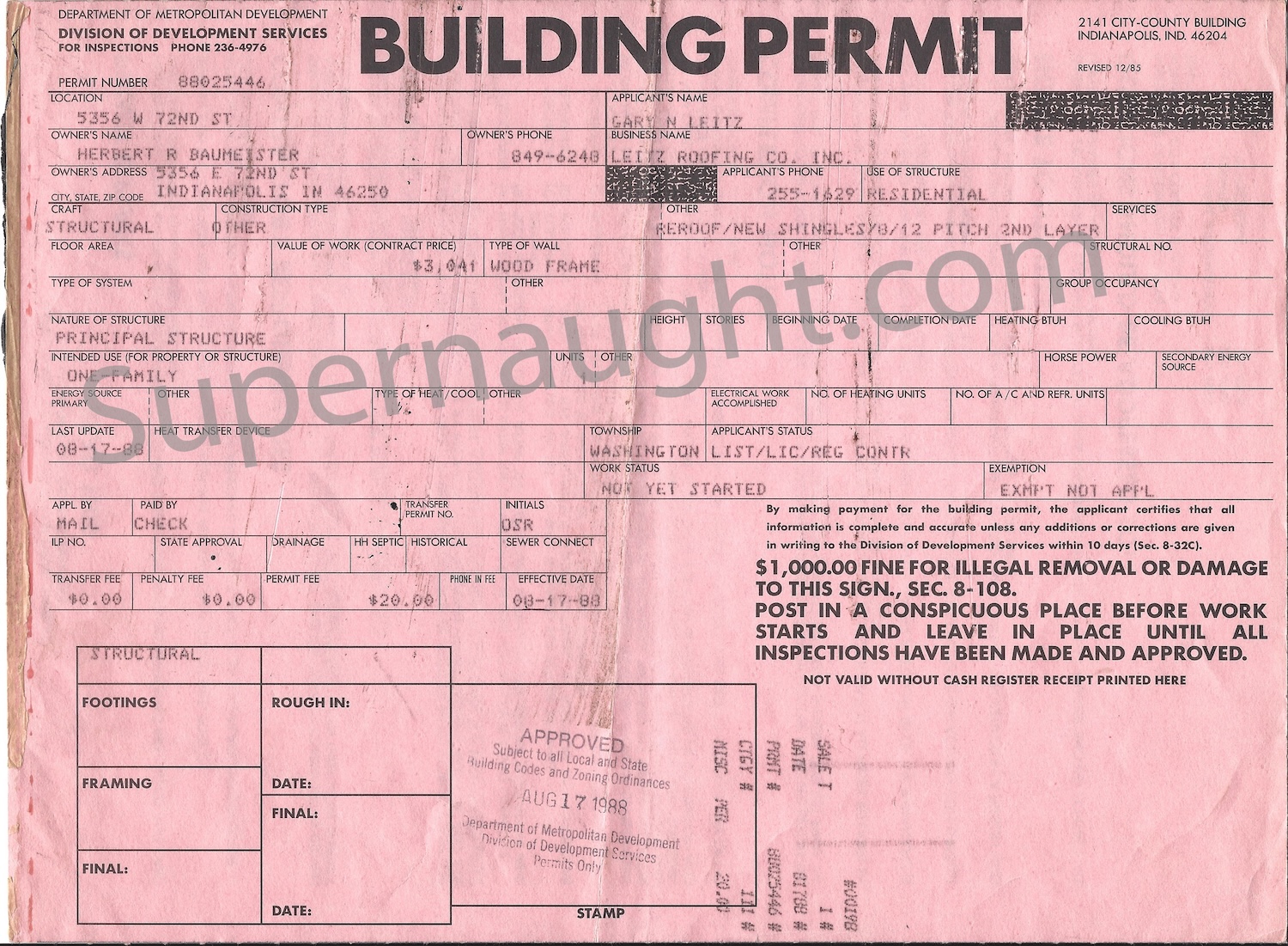 Herbert Baumeister 1988 Building Permit