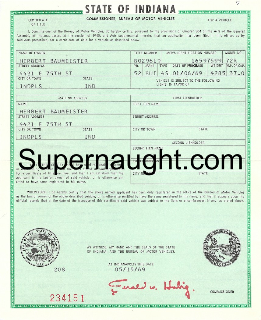 Herbert Baumeister Car Title 1969