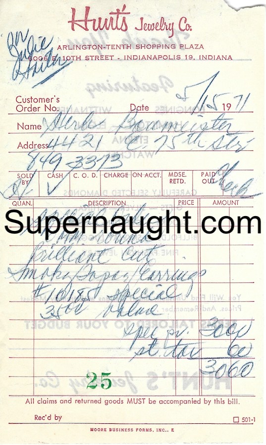 Herbert Baumeister Hunt's Jewelry 1971 Receipt