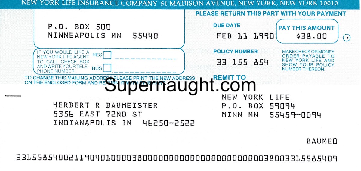 Herbert Baumeister New York Life Insurance Payment Due Original 