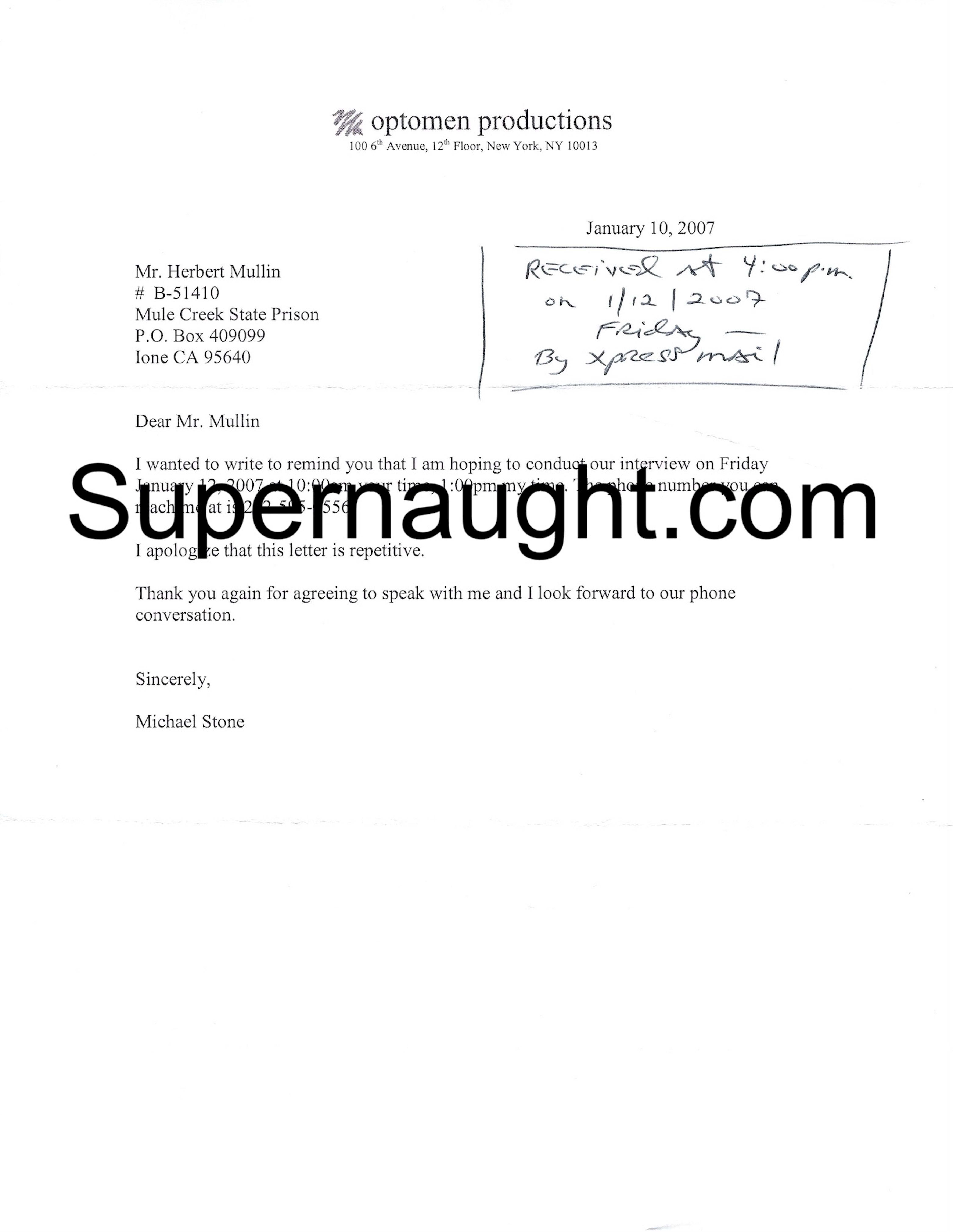 Herbert Mullin Letter from Dr. Michael Stone with Handwritten Note