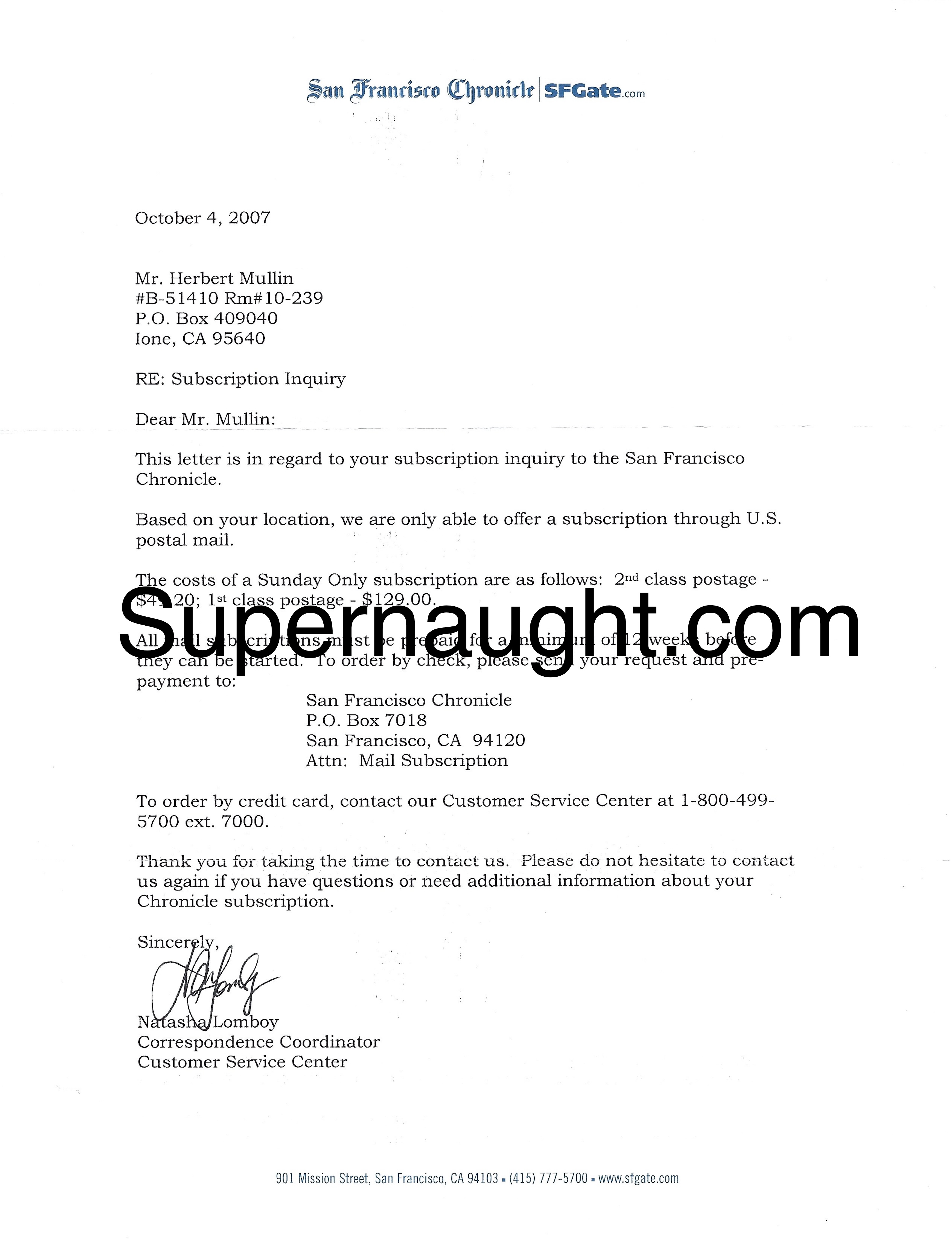 Herbert Mullin Letter From the SF Chronicle with Envelope Signed