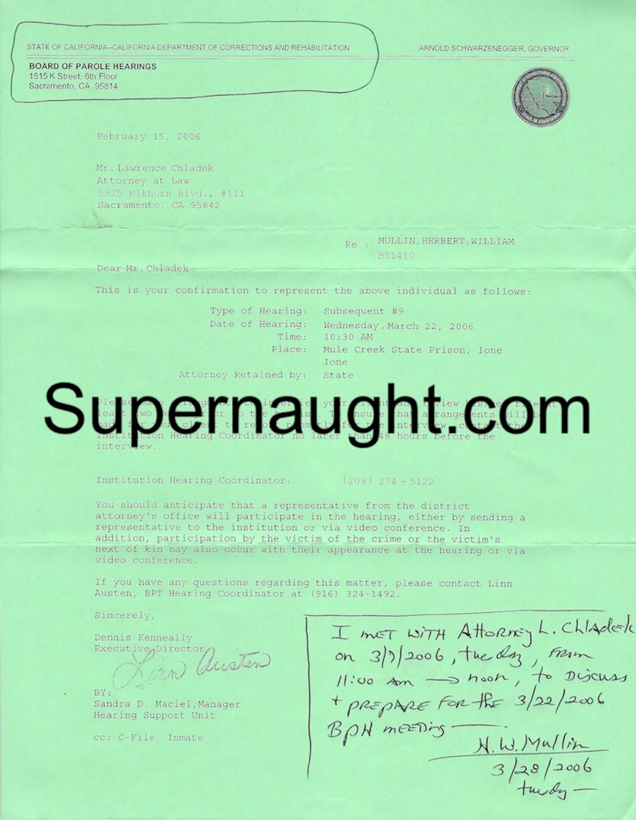 Herbert Mullin Parole Board Letter Signed