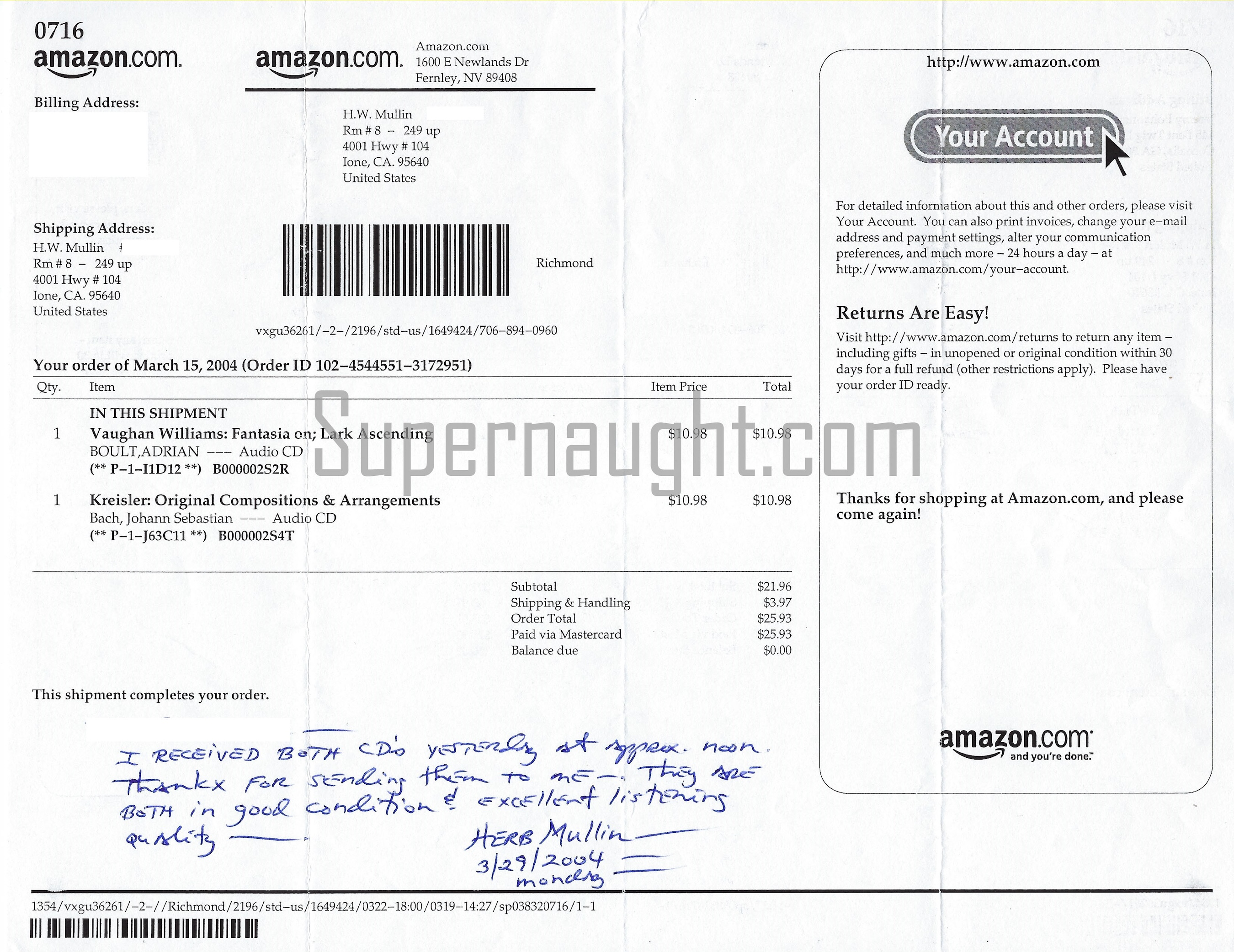Herbert Mullin Signed Receipt