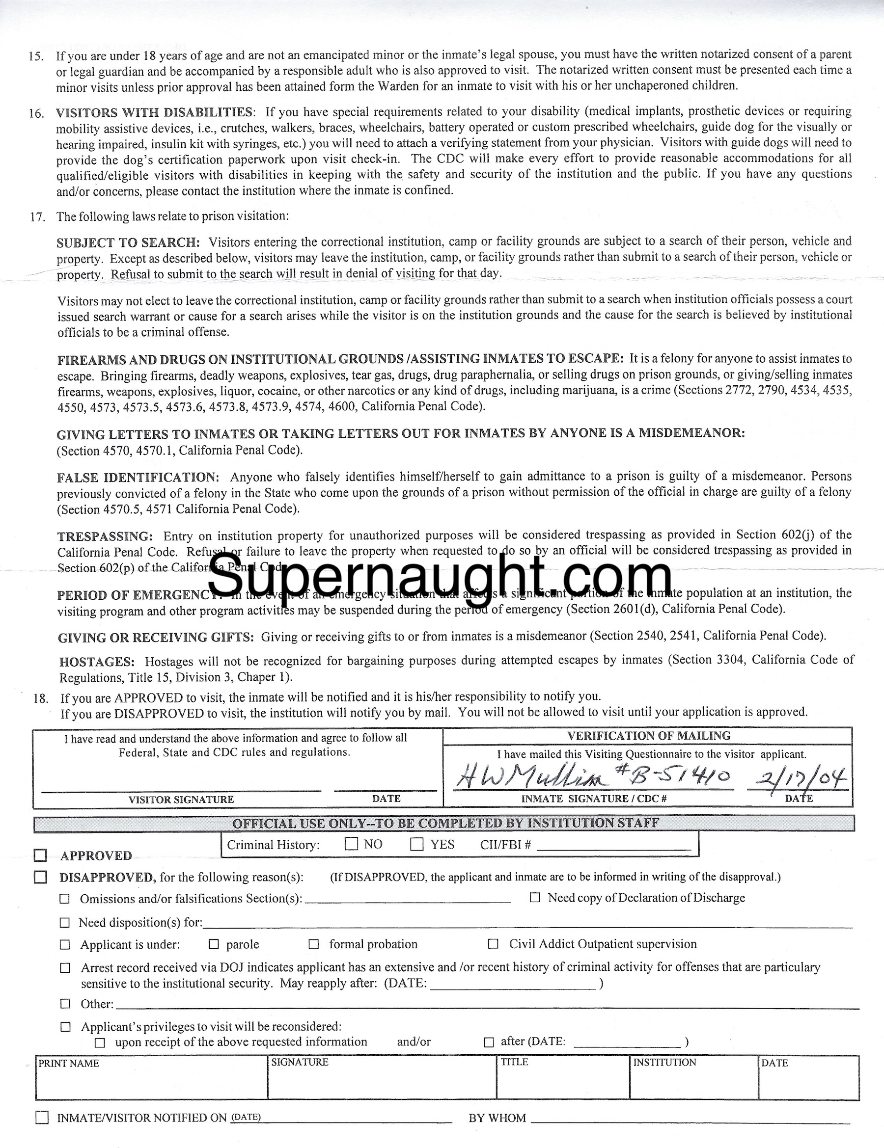 Herbert Mullin Signed Twice Visiting Application
