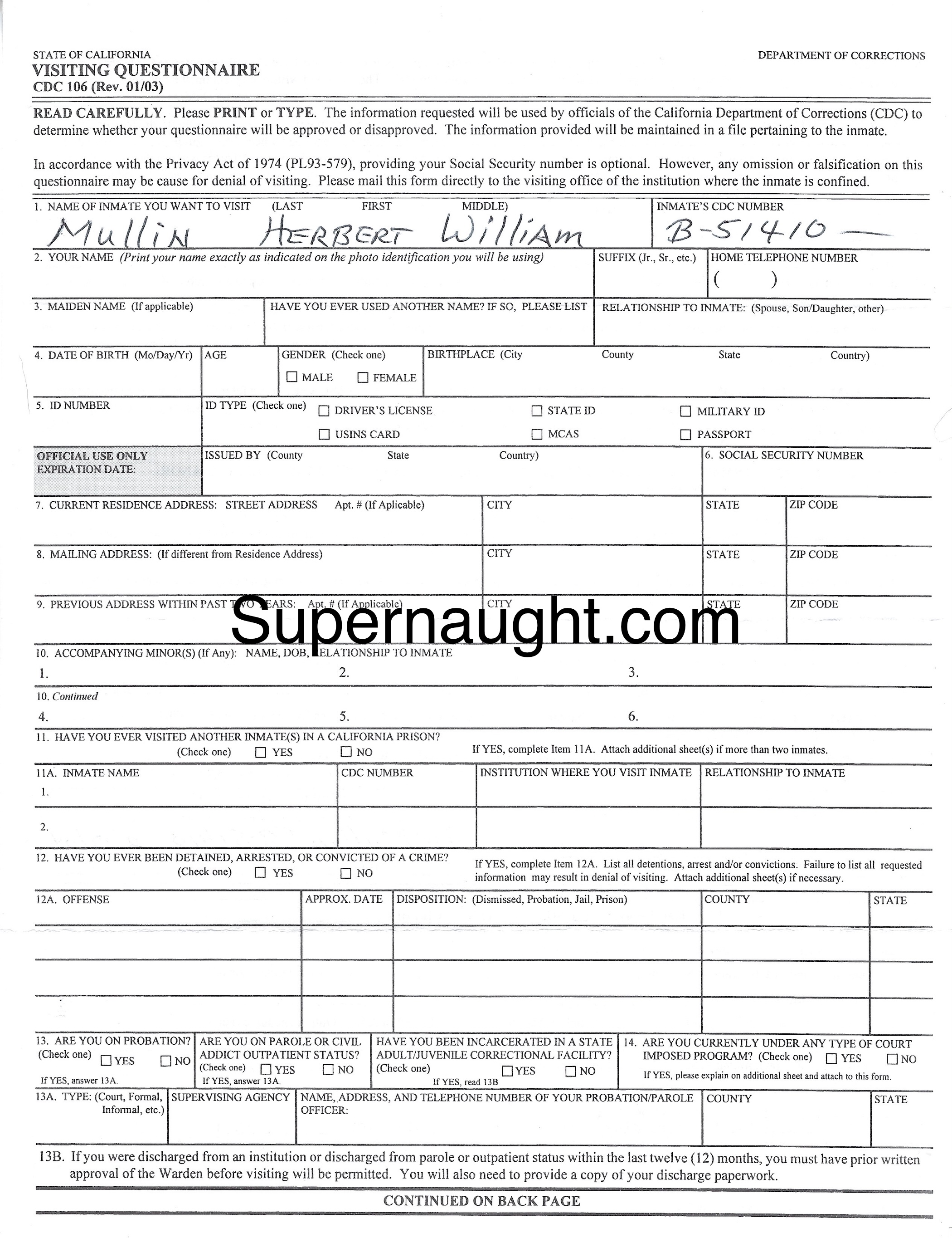 Herbert Mullin Signed Twice Visiting Application image 2