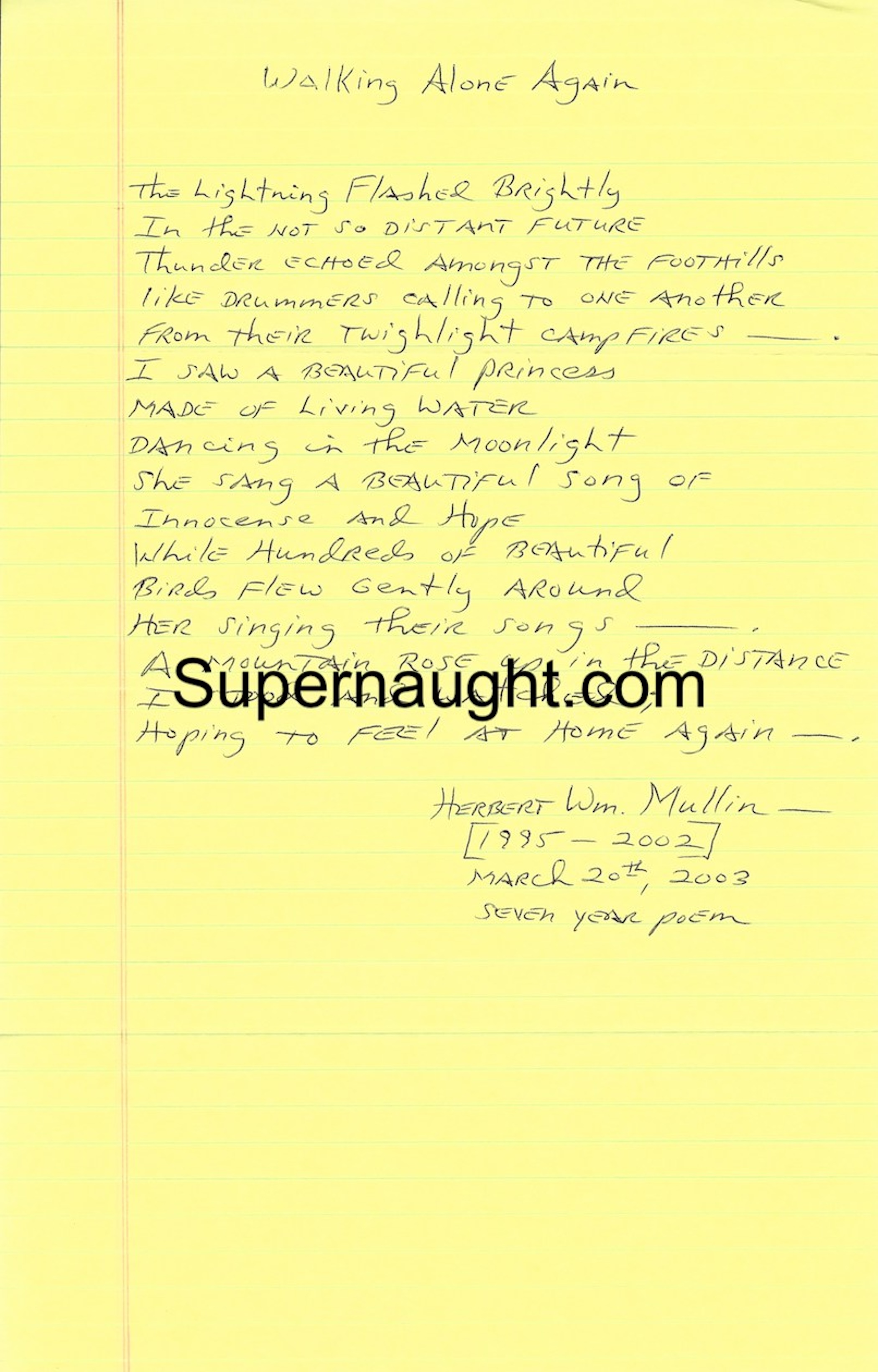 Herbert William Signed Poem Walking Alone Again
