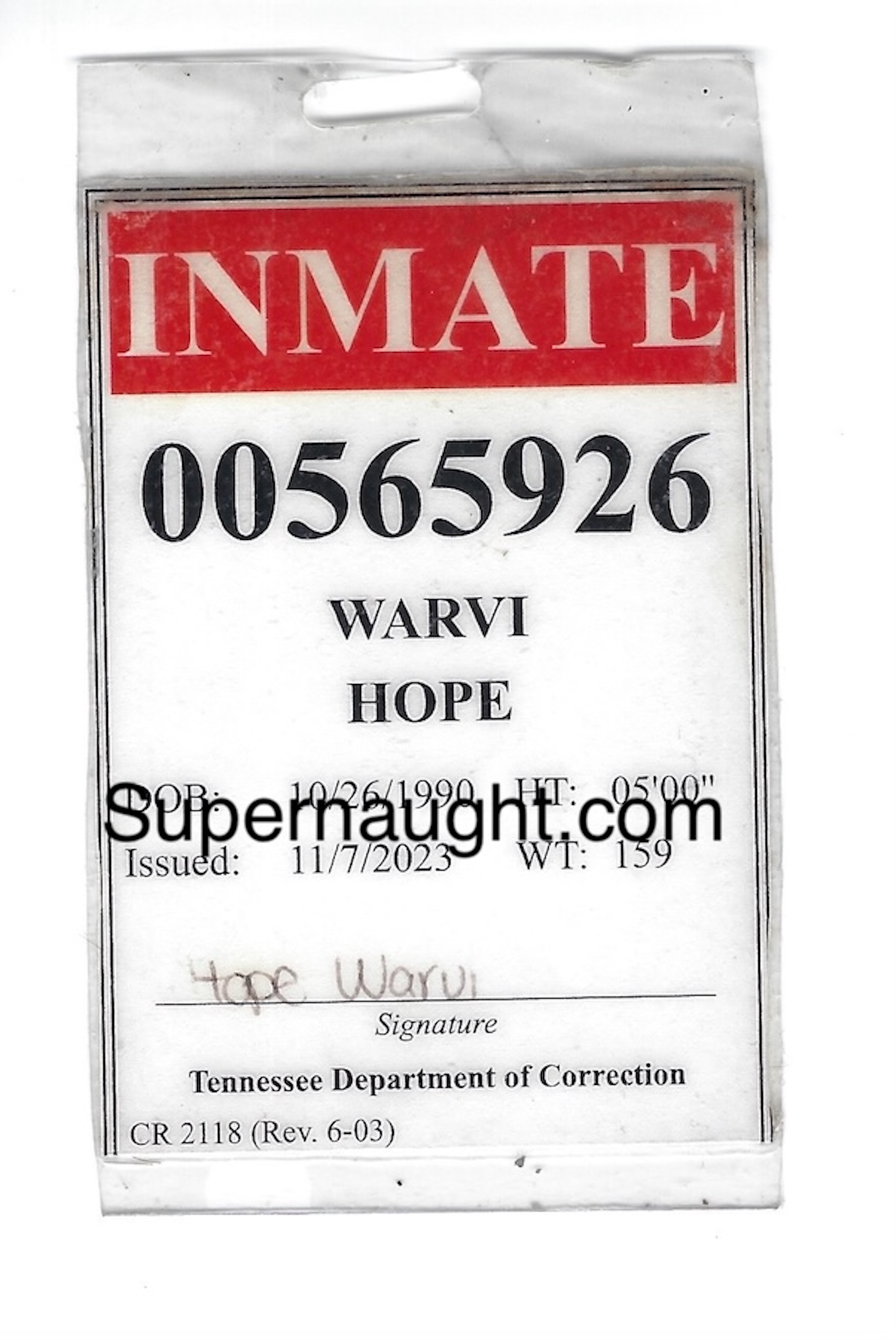 Hope Warvi Prison ID Card image 2